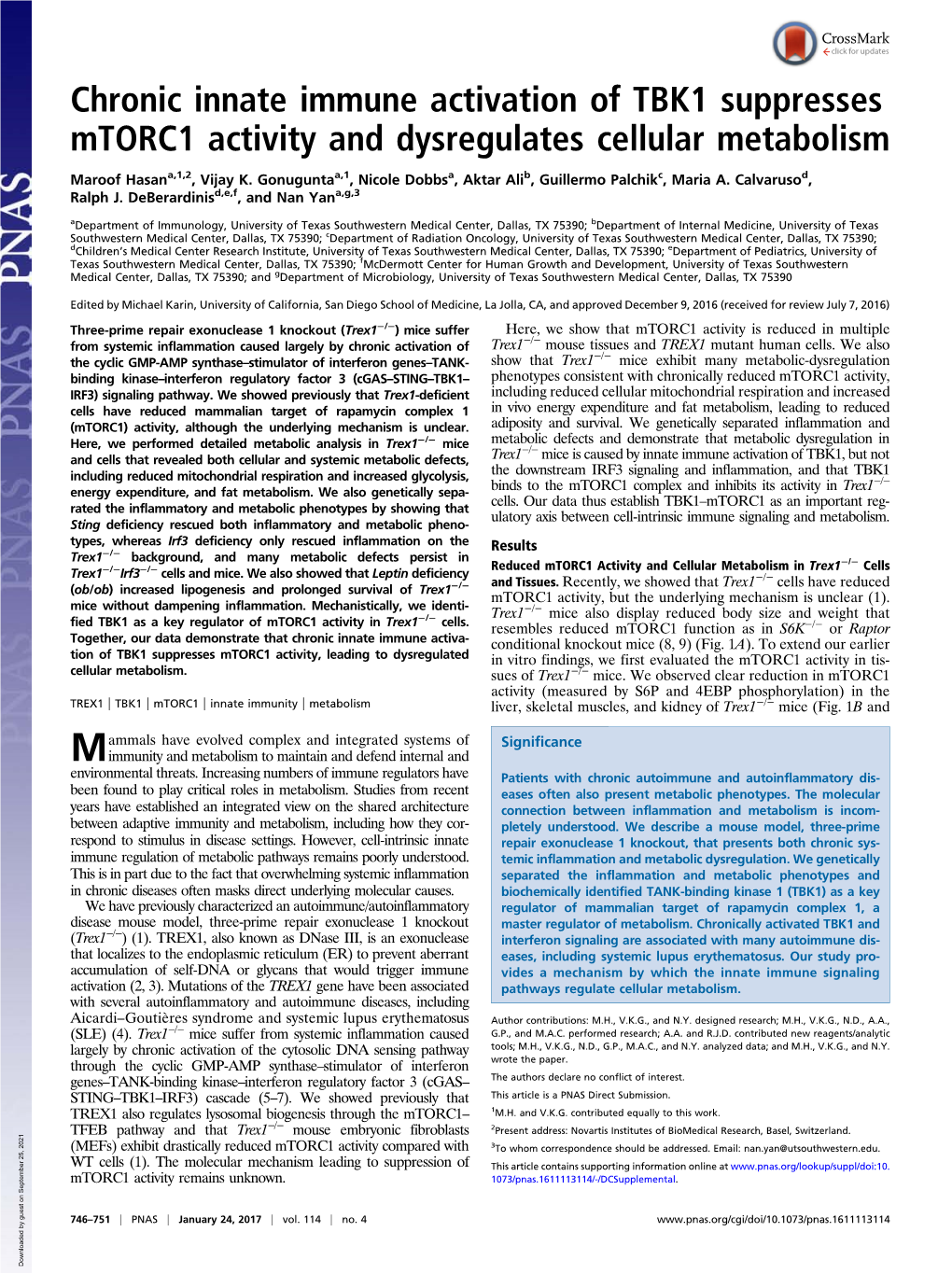 Chronic Innate Immune Activation of TBK1 Suppresses Mtorc1 Activity and Dysregulates Cellular Metabolism