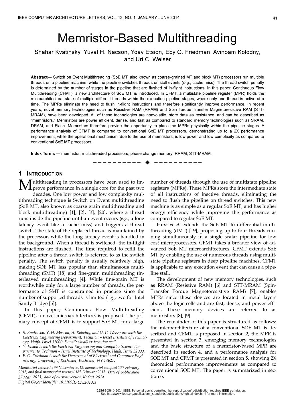 Memristor-Based Multithreading Shahar Kvatinsky, Yuval H