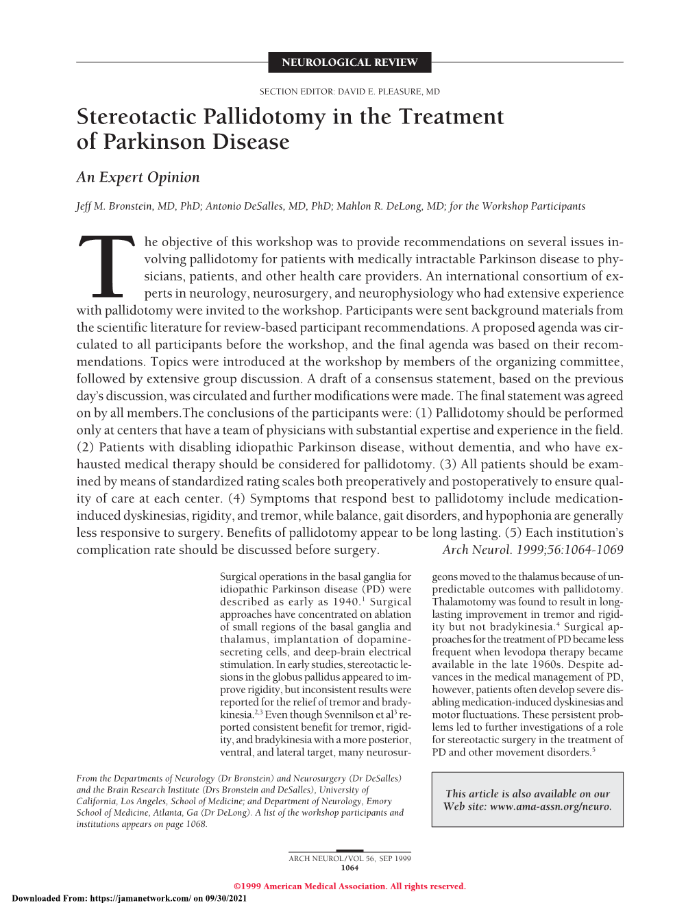 Stereotactic Pallidotomy in the Treatment of Parkinson Disease an Expert Opinion