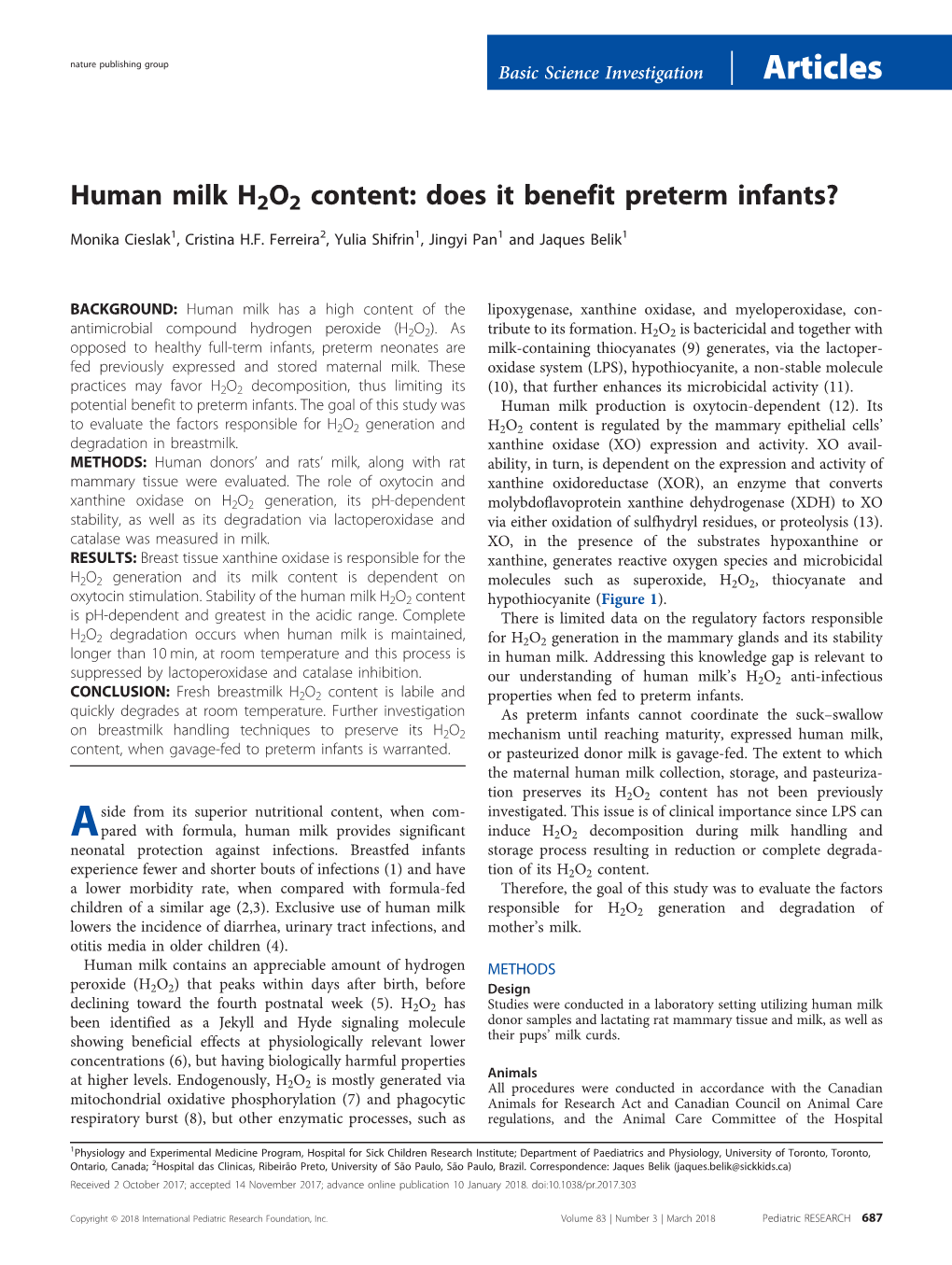 Human Milk H2O2 Content: Does It Benefit Preterm Infants?