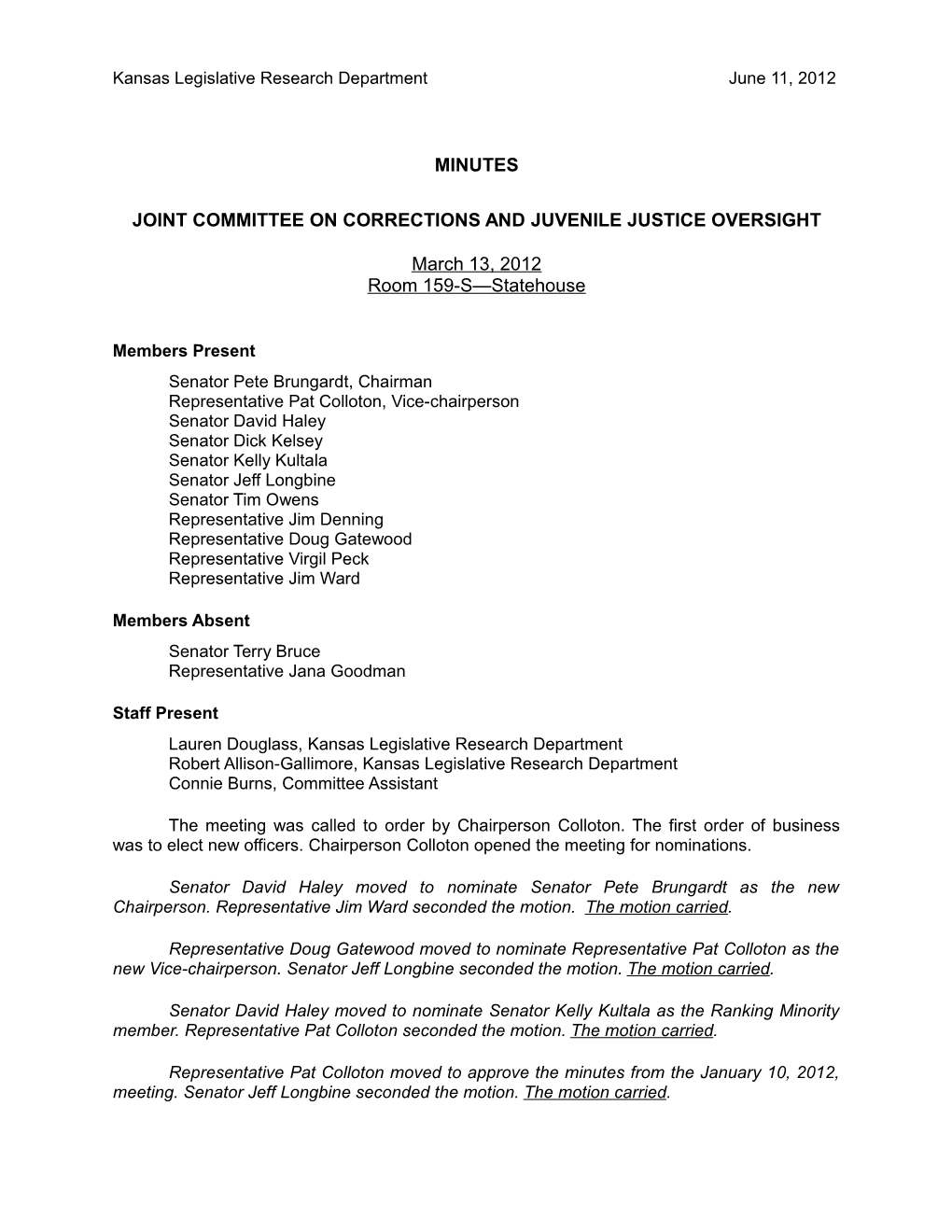 Minutes Joint Committee on Corrections and Juvenile
