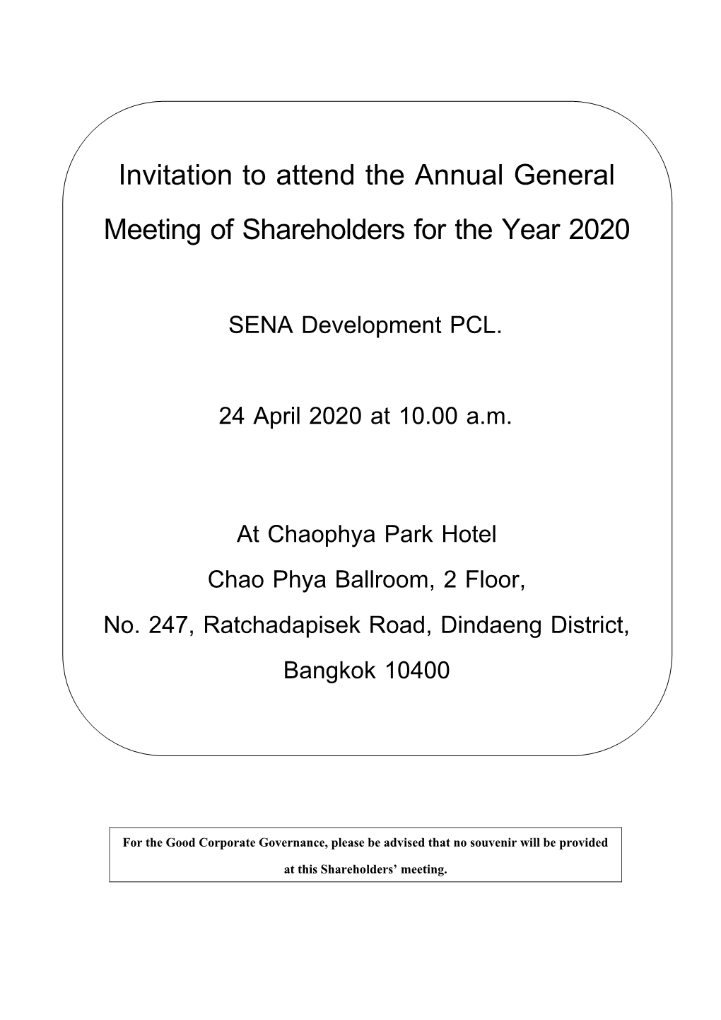 Invitation to Attend the Annual General Meeting of Shareholders for the Year 2020