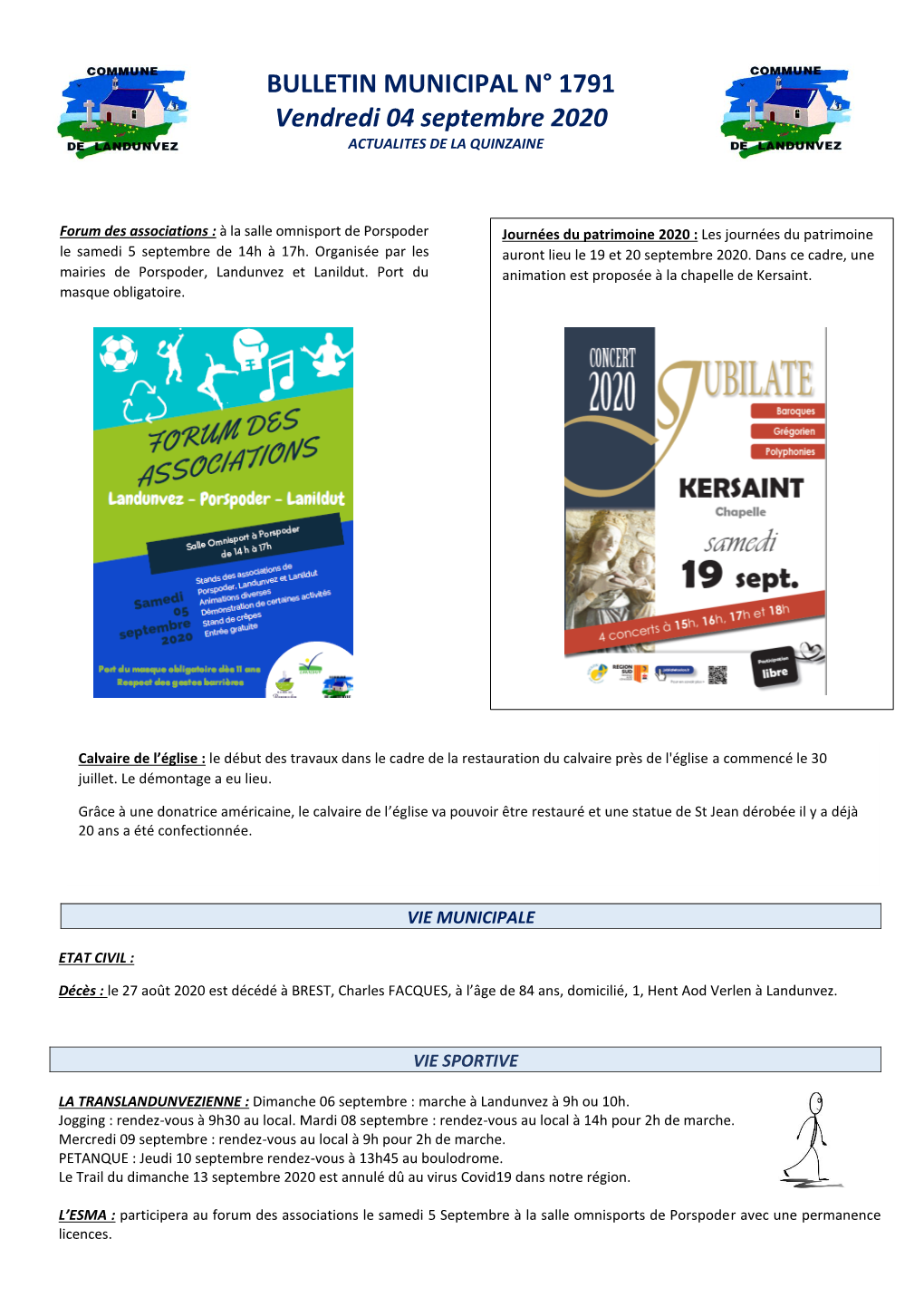 BULLETIN MUNICIPAL N° 1791 Vendredi 04 Septembre 2020 ACTUALITES DE LA QUINZAINE