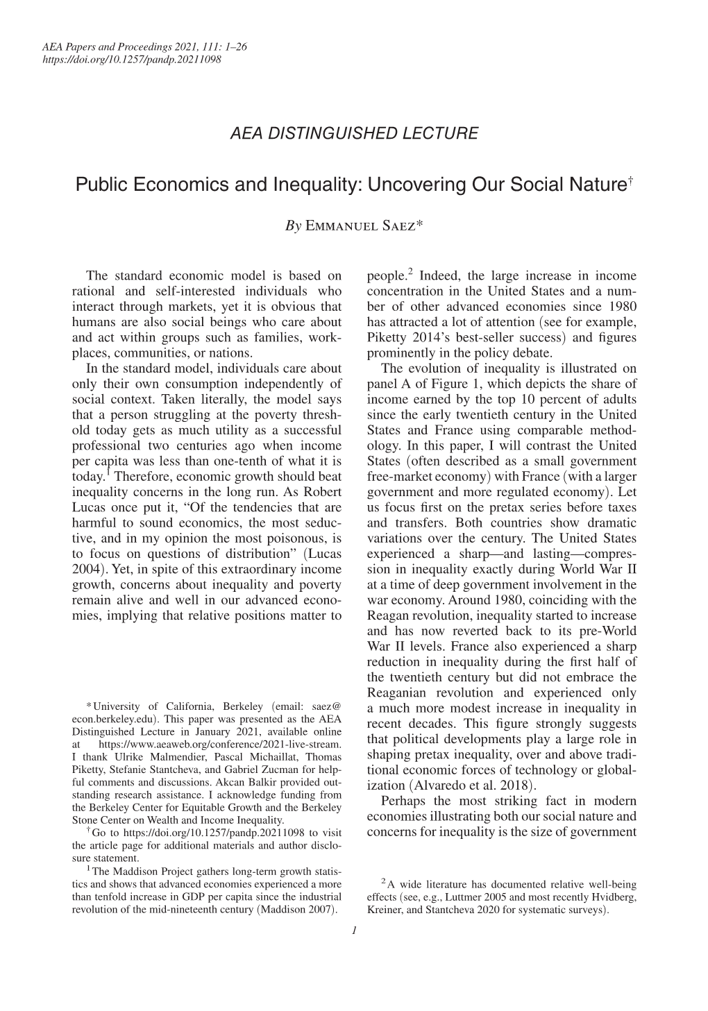 Public Economics and Inequality: Uncovering Our Social Nature†