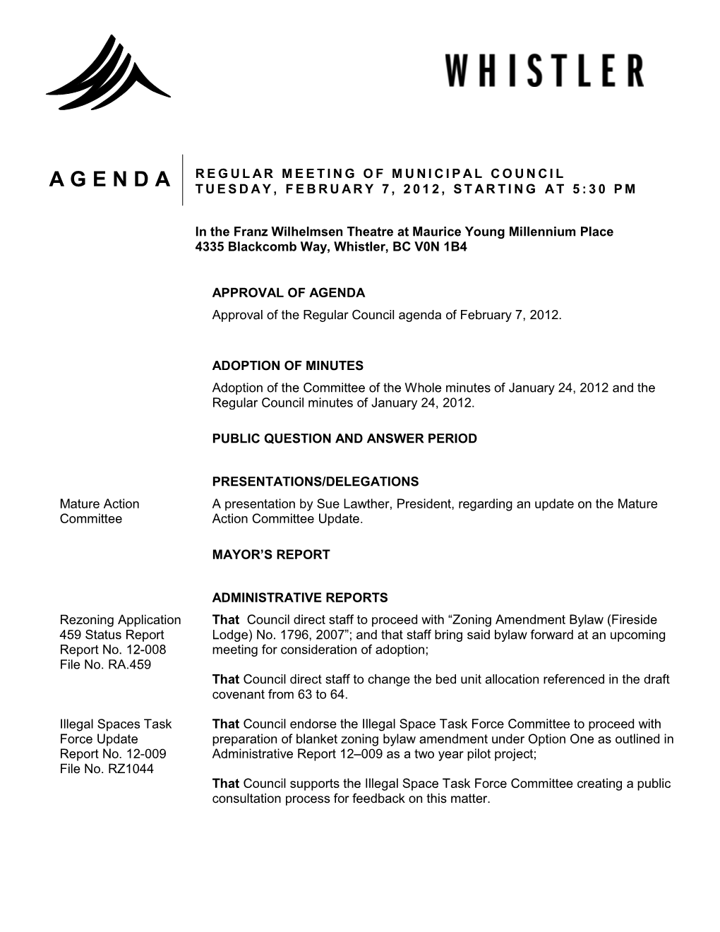 Agenda Regular Meeting of Municipal Council