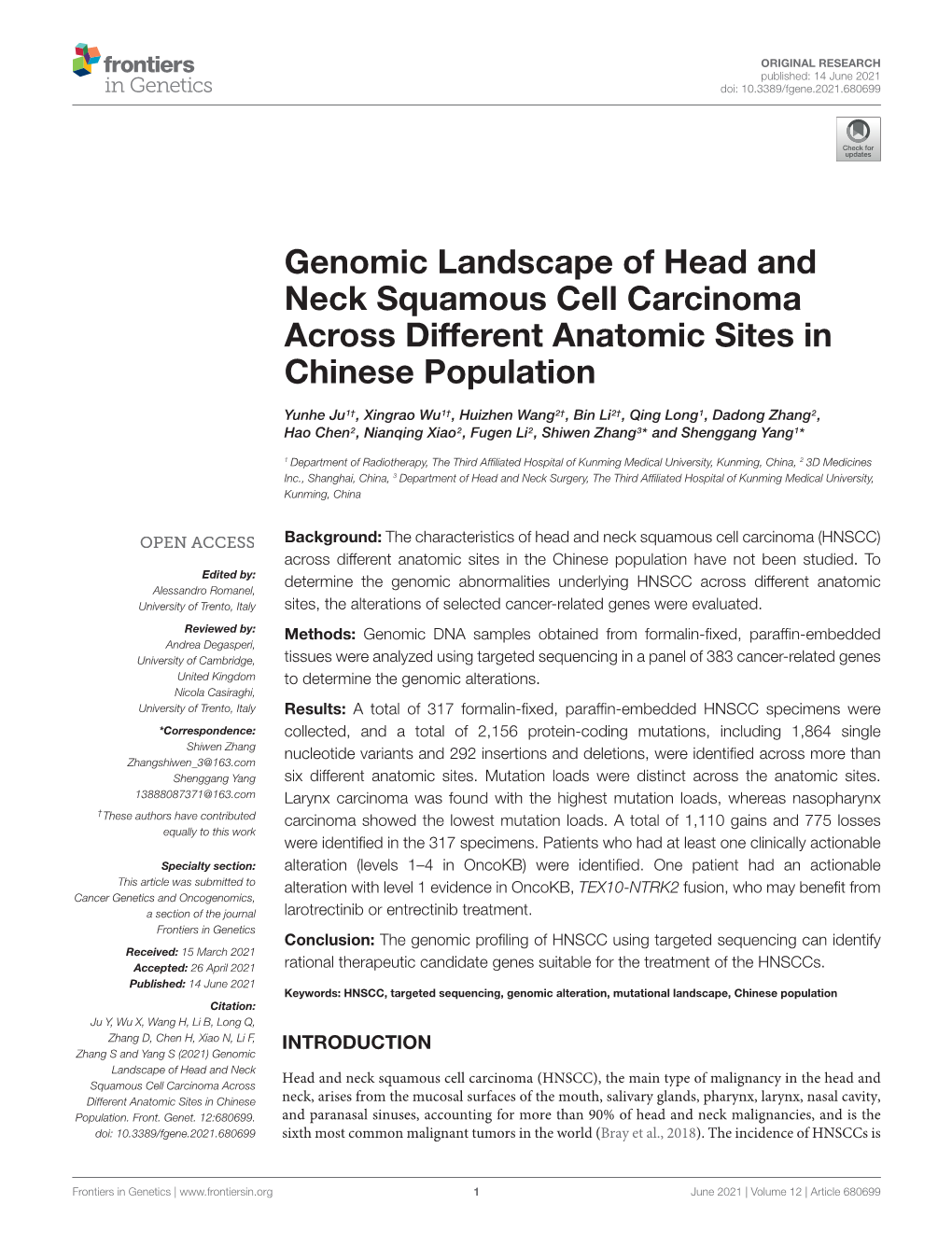 Genomic Landscape of Head and Neck Squamous Cell Carcinoma Across Different Anatomic Sites in Chinese Population