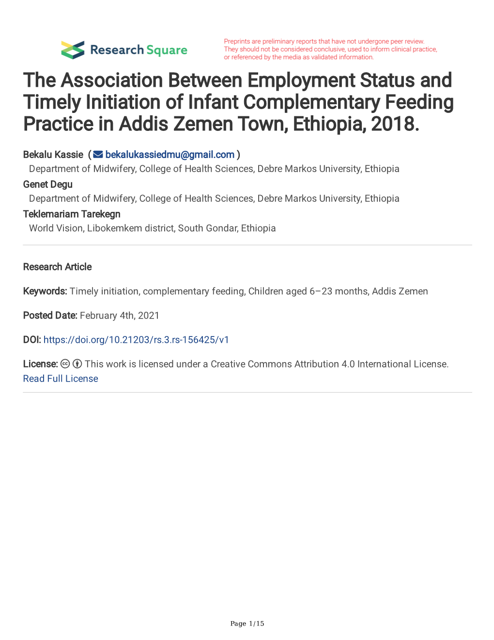 The Association Between Employment Status and Timely Initiation of Infant Complementary Feeding Practice in Addis Zemen Town, Ethiopia, 2018