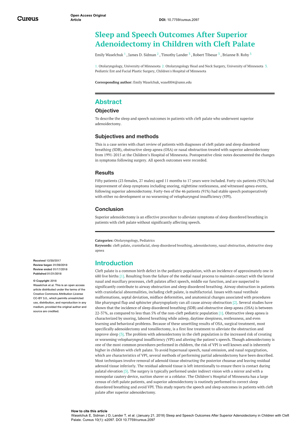 Sleep and Speech Outcomes After Superior Adenoidectomy in Children with Cleft Palate