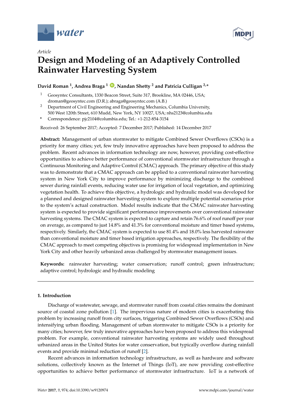 Design and Modeling of an Adaptively Controlled Rainwater Harvesting System