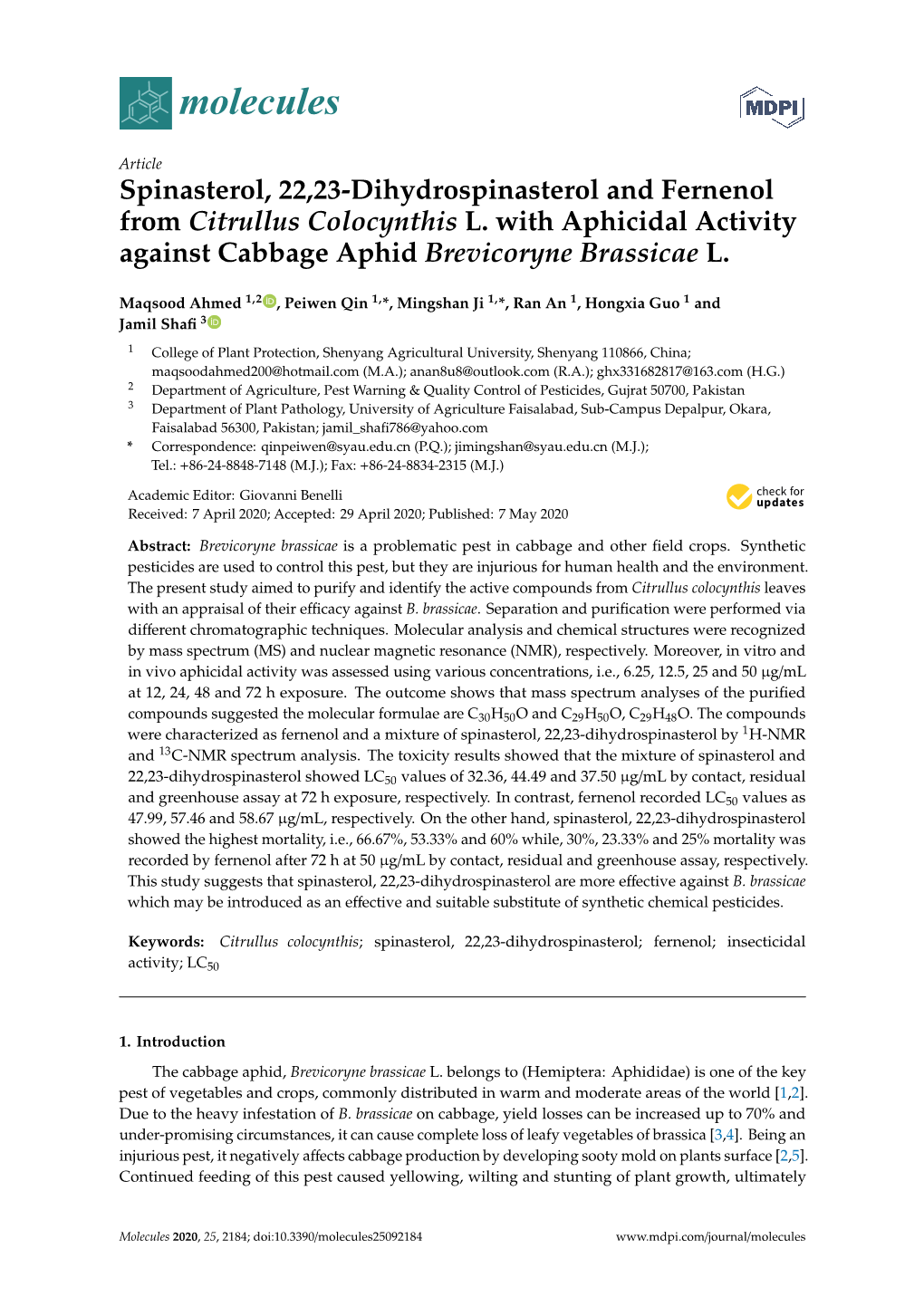 Spinasterol, 22,23-Dihydrospinasterol and Fernenol from Citrullus Colocynthis L