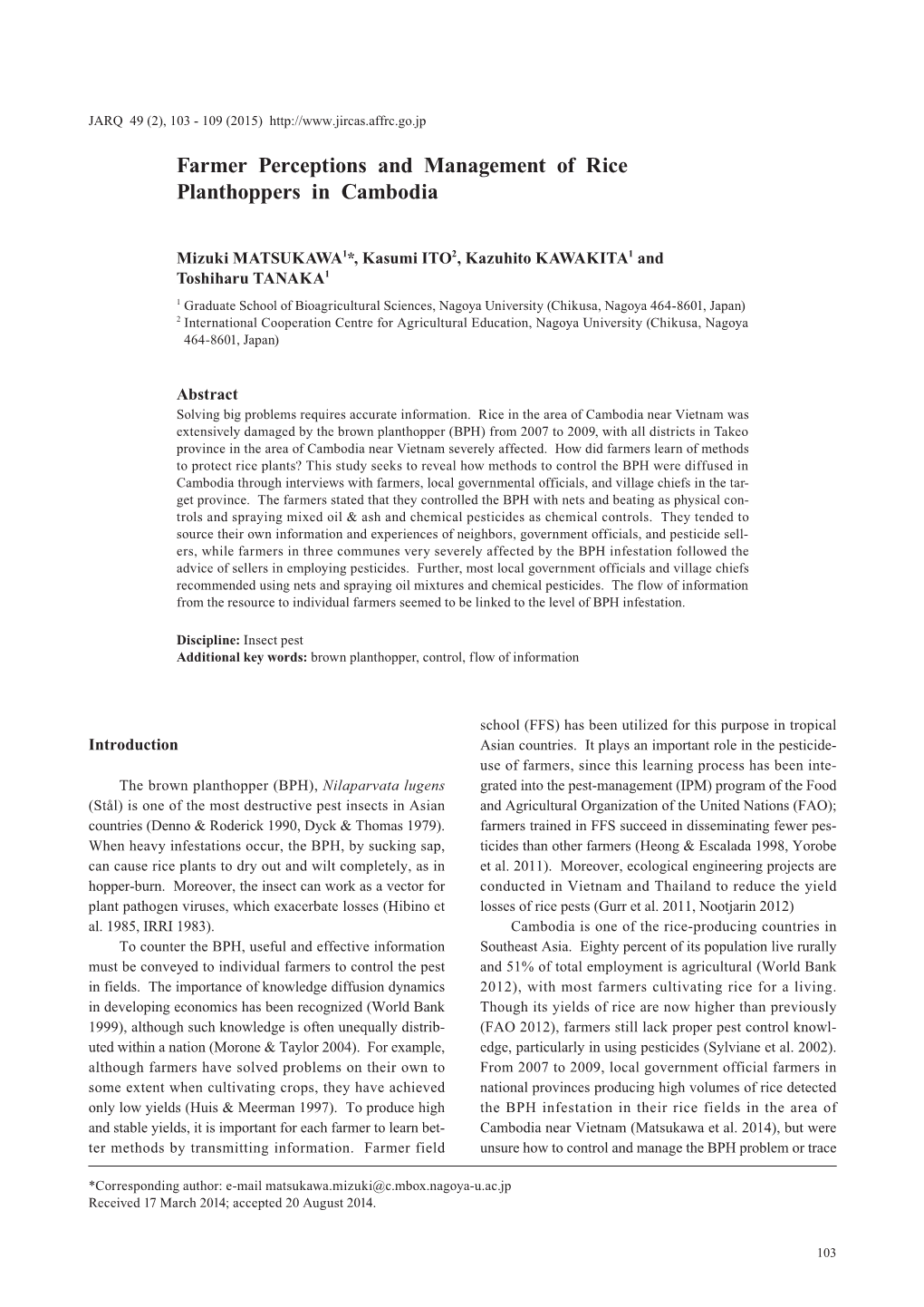 Farmer Perceptions and Management of Rice Planthoppers in Cambodia