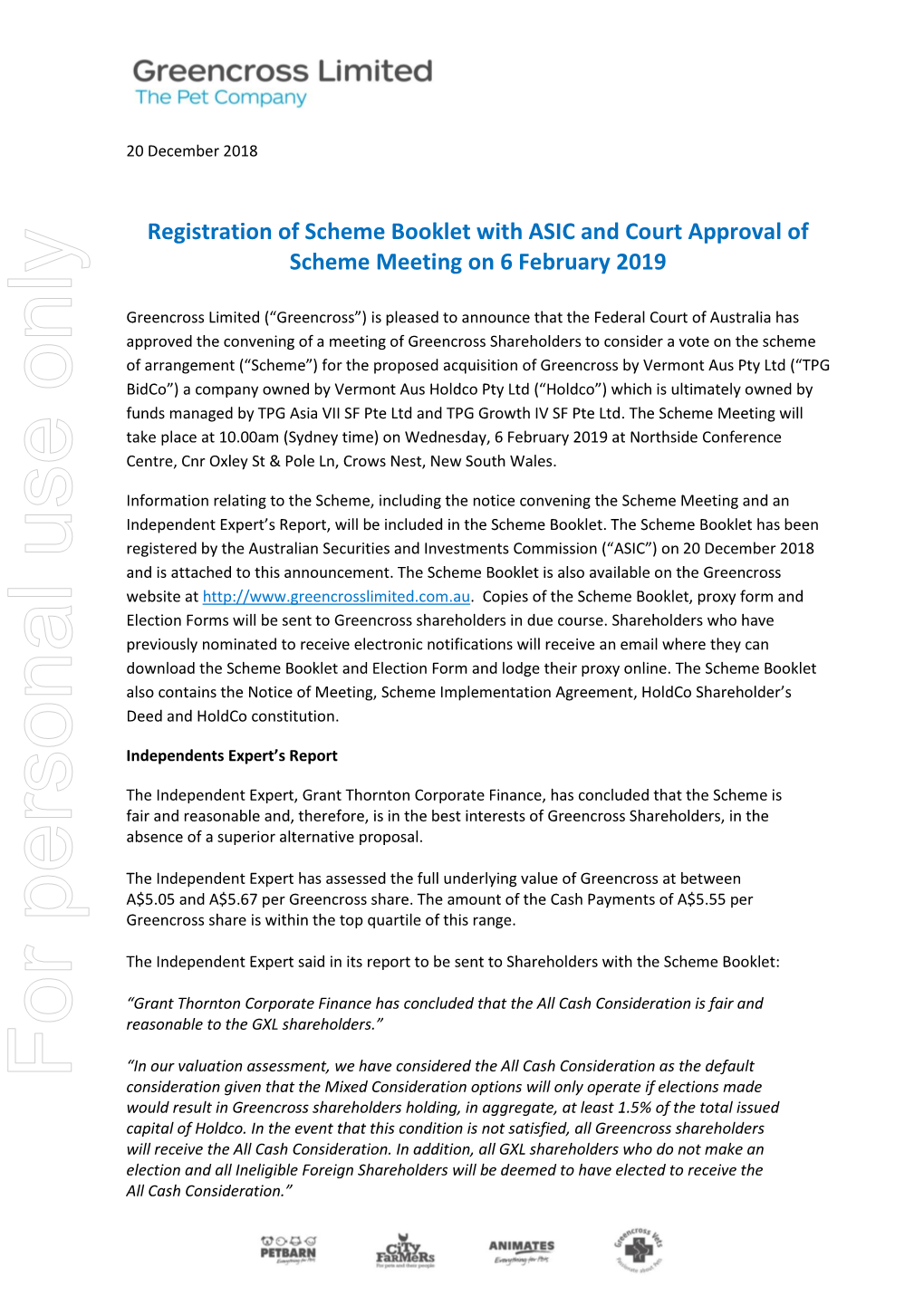 Registration of Scheme Booklet with ASIC and Court Approval of Scheme Meeting on 6 February 2019