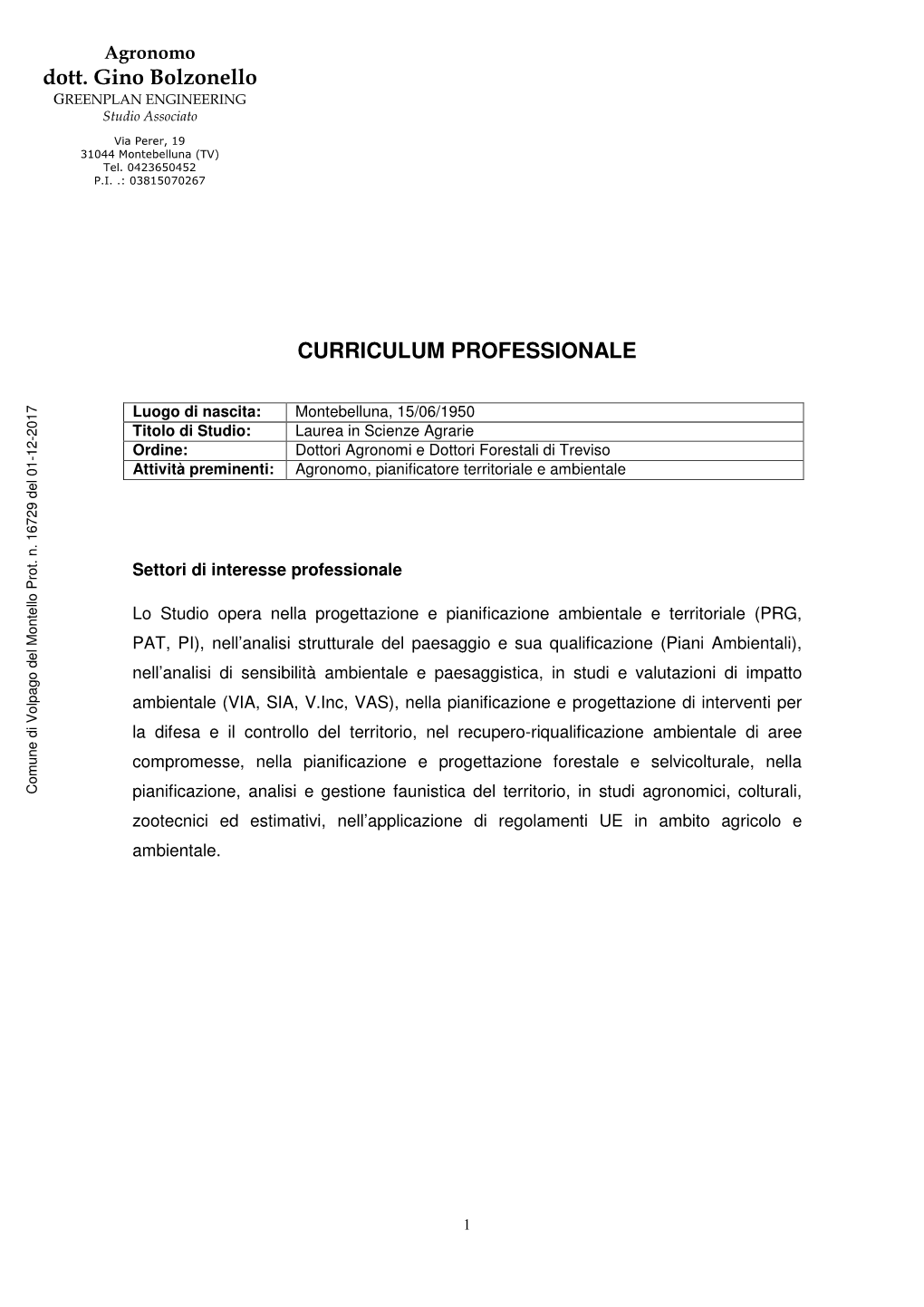 Dott. Gino Bolzonello CURRICULUM PROFESSIONALE