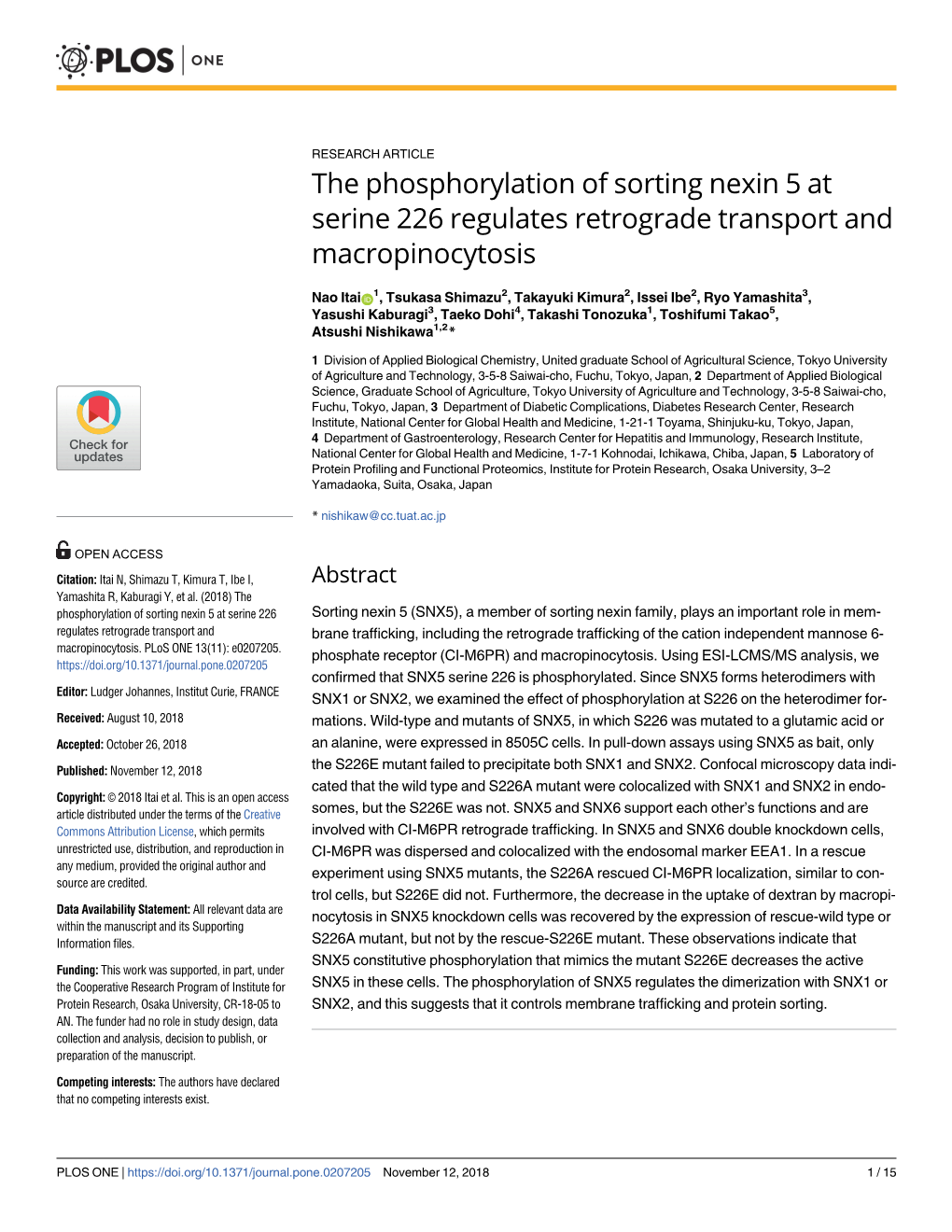 The Phosphorylation of Sorting Nexin 5 at Serine 226 Regulates Retrograde Transport and Macropinocytosis