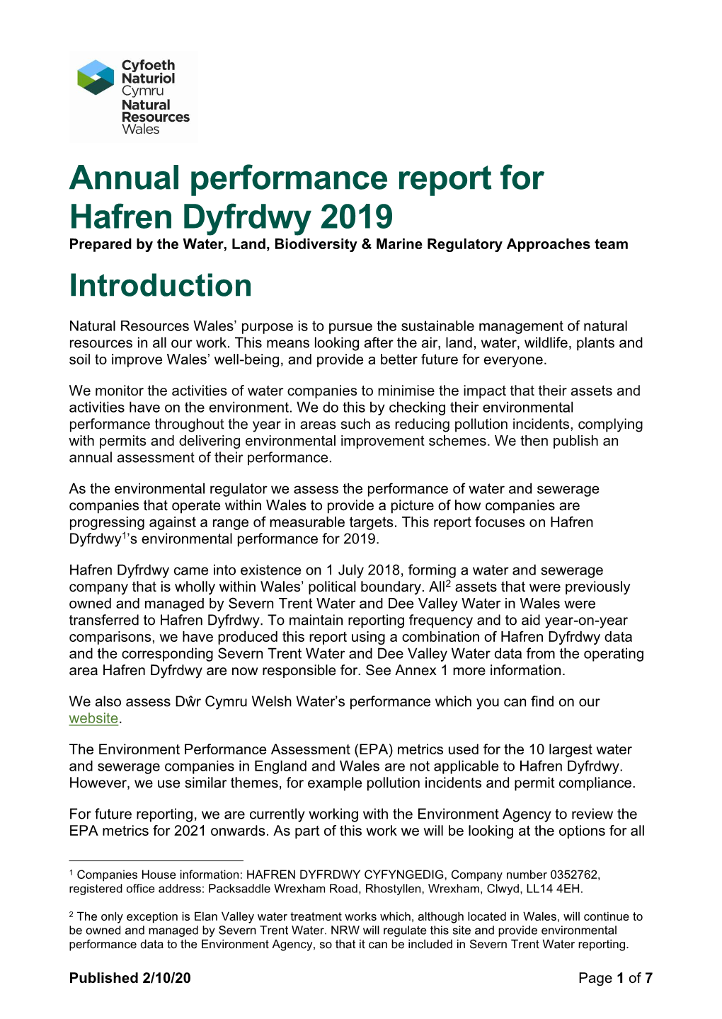 Annual Performance Report for Hafren Dyfrdwy 2019 Prepared by the Water, Land, Biodiversity & Marine Regulatory Approaches Team Introduction