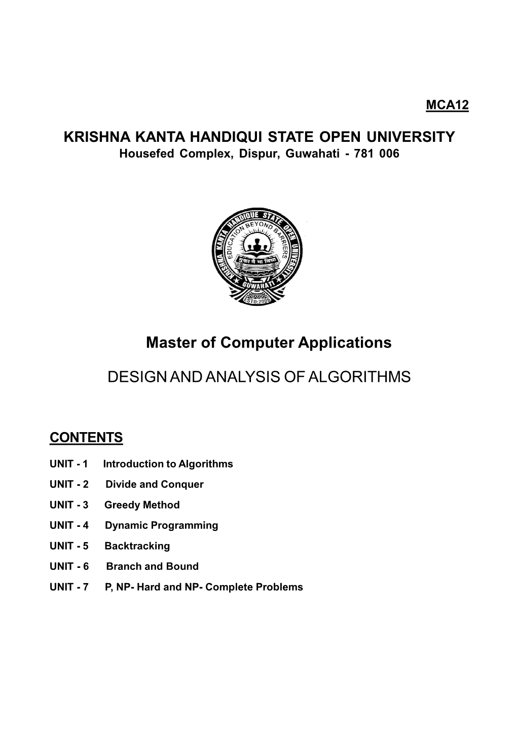 Master of Computer Applications DESIGN and ANALYSIS of ALGORITHMS