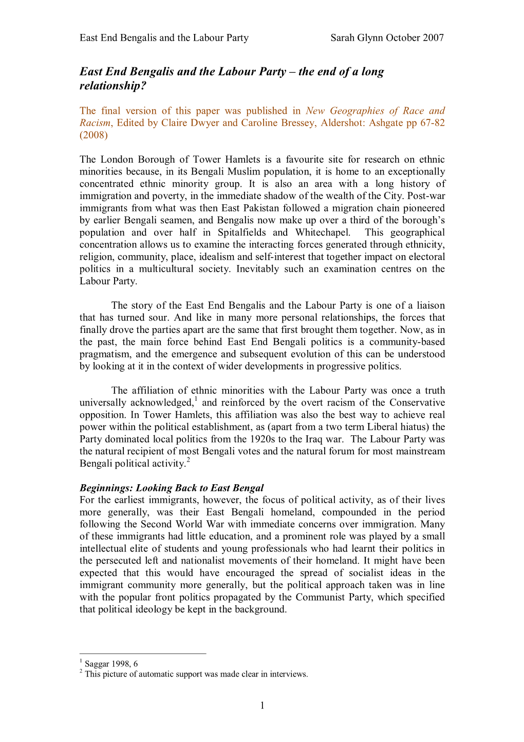 East End Bengalis and the Labour Party Sarah Glynn October 2007