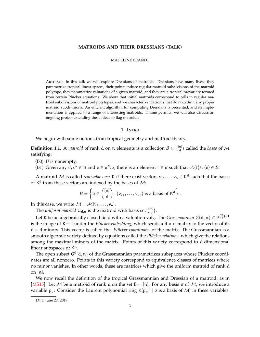 Matroids and Their Dressians (Talk)