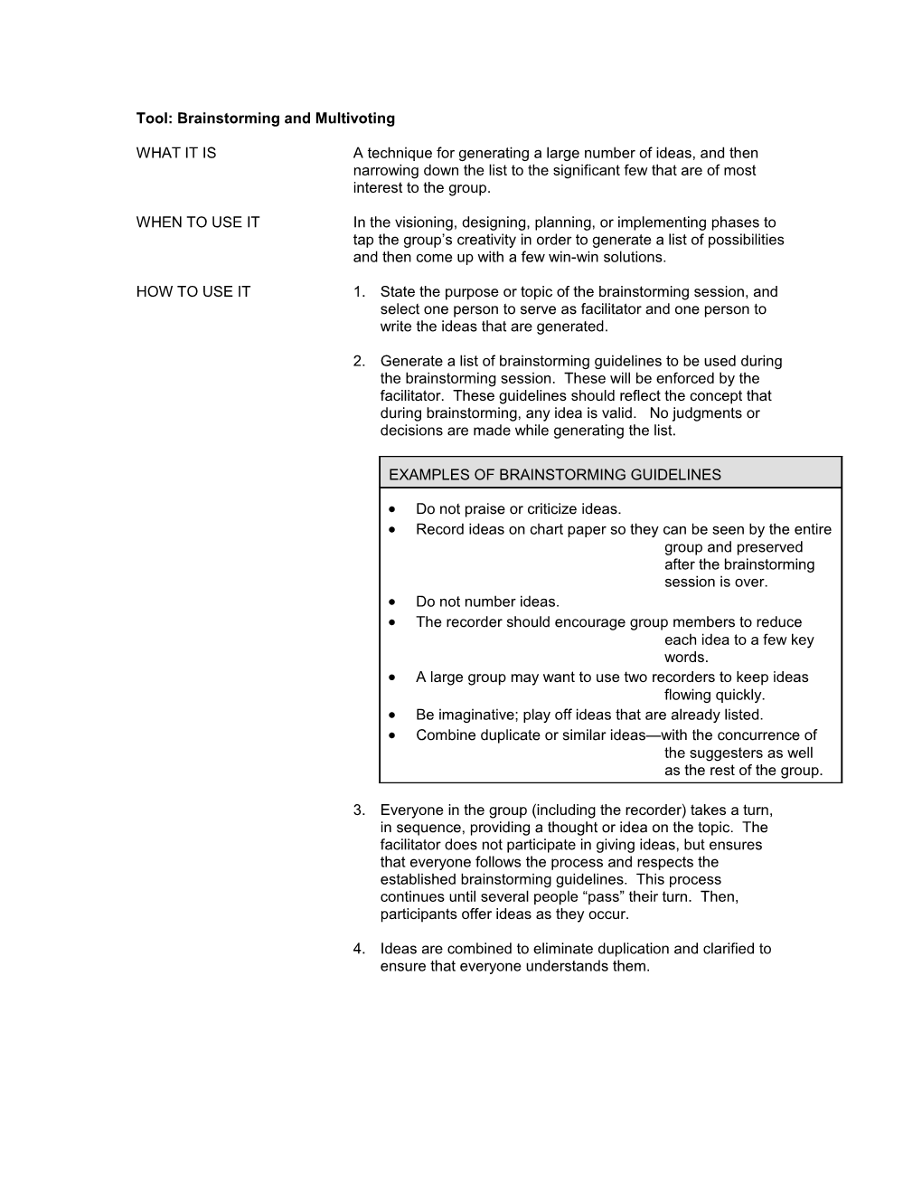 Tool: Brainstorming and Multivoting