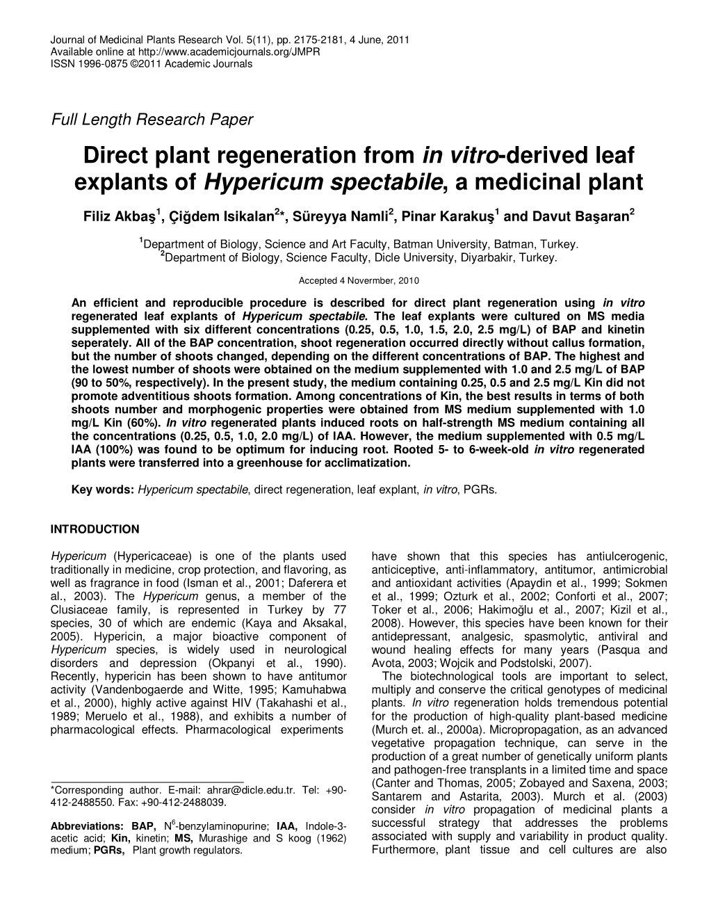 Direct Plant Regeneration from in Vitro-Derived Leaf Explants Of