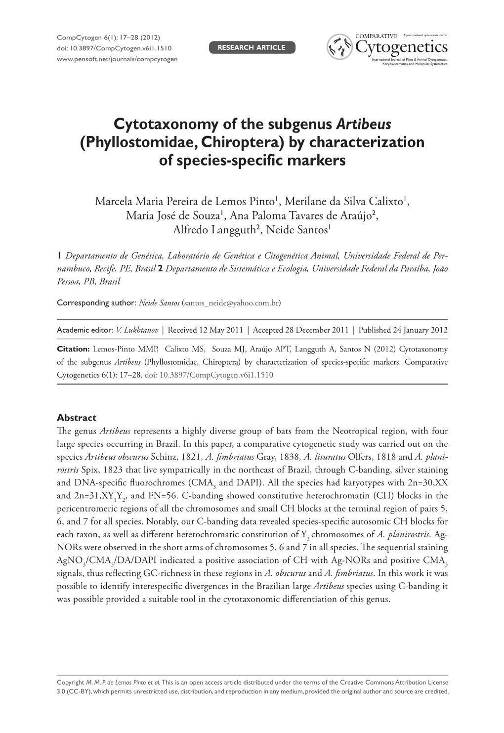 Cytotaxonomy of the Subgenus Artibeus (Phyllostomidae, Chiroptera) by Characterization of Species-Specific Markers