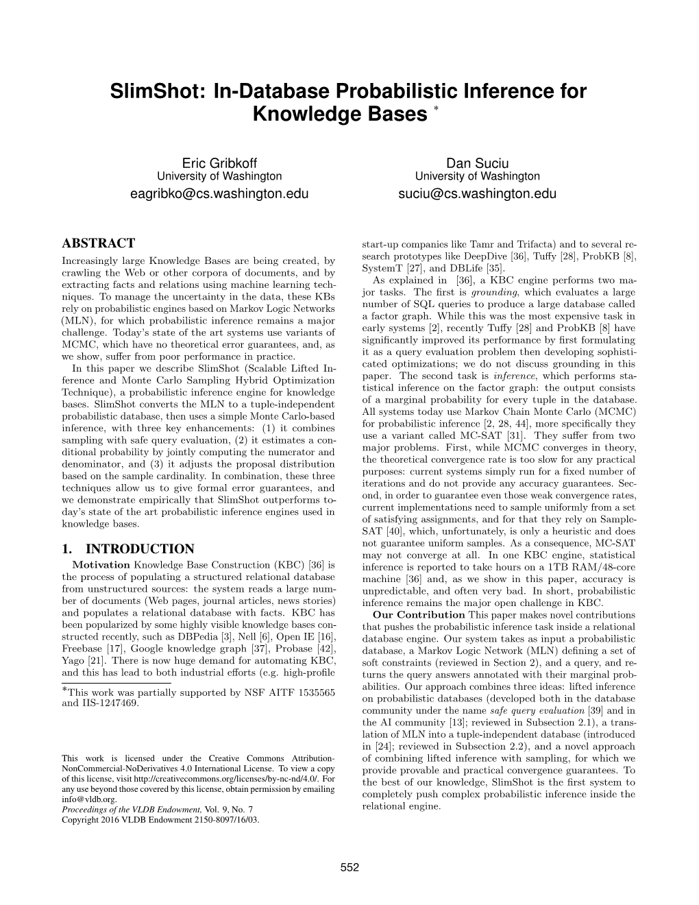 Slimshot: In-Database Probabilistic Inference for Knowledge Bases ˚