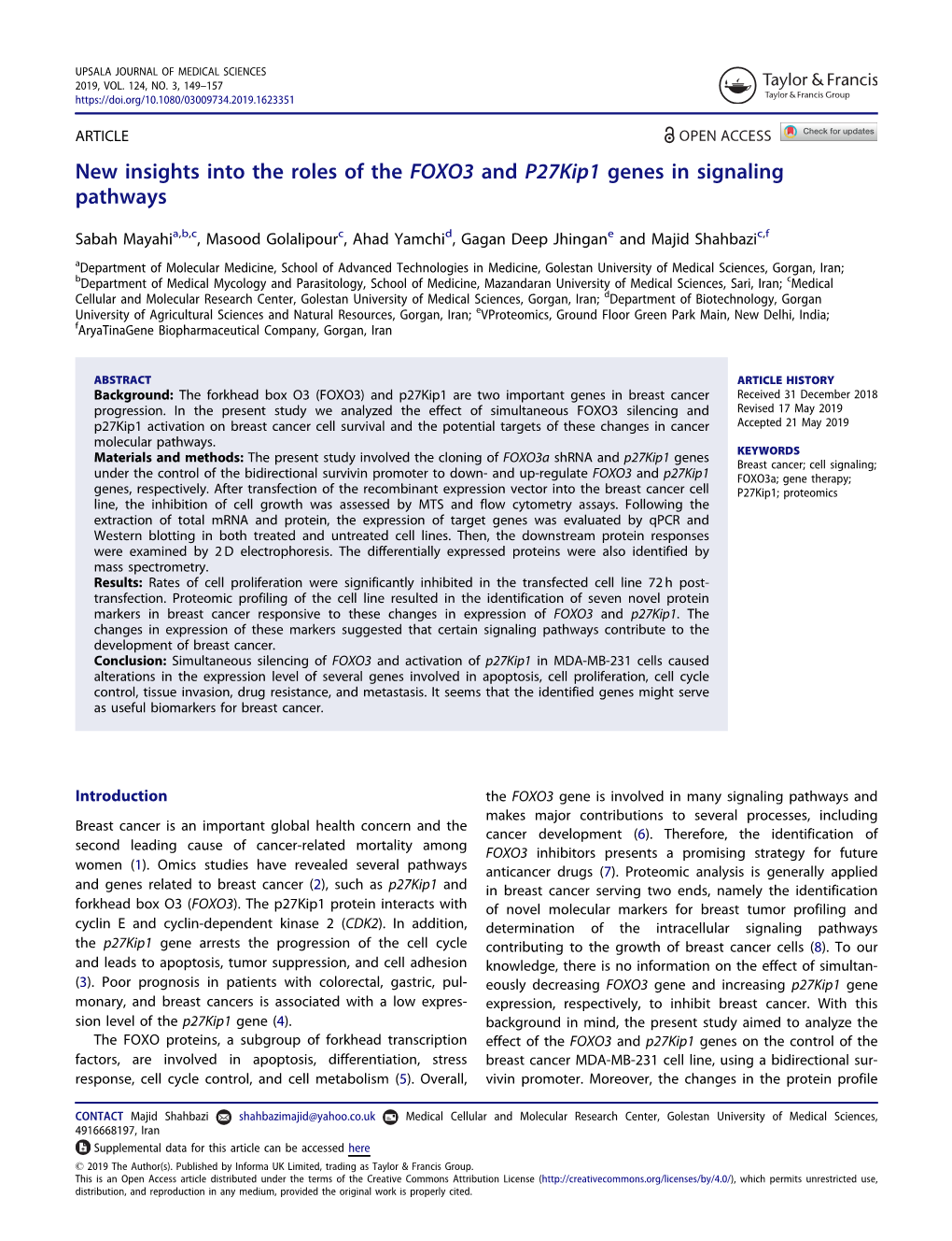 New Insights Into the Roles of the FOXO3 and P27kip1 Genes in Signaling Pathways