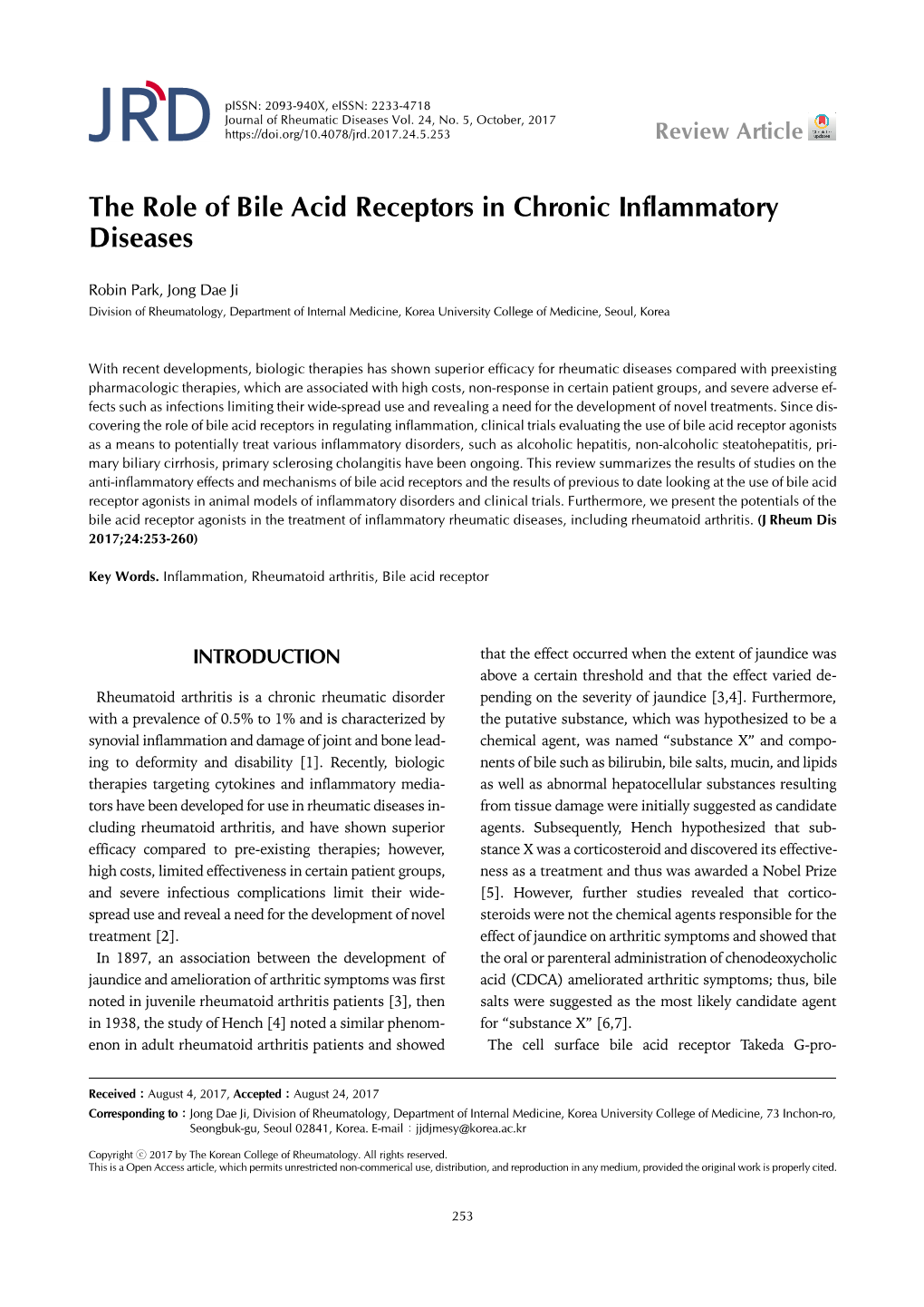 The Role of Bile Acid Receptors in Chronic Inflammatory Diseases