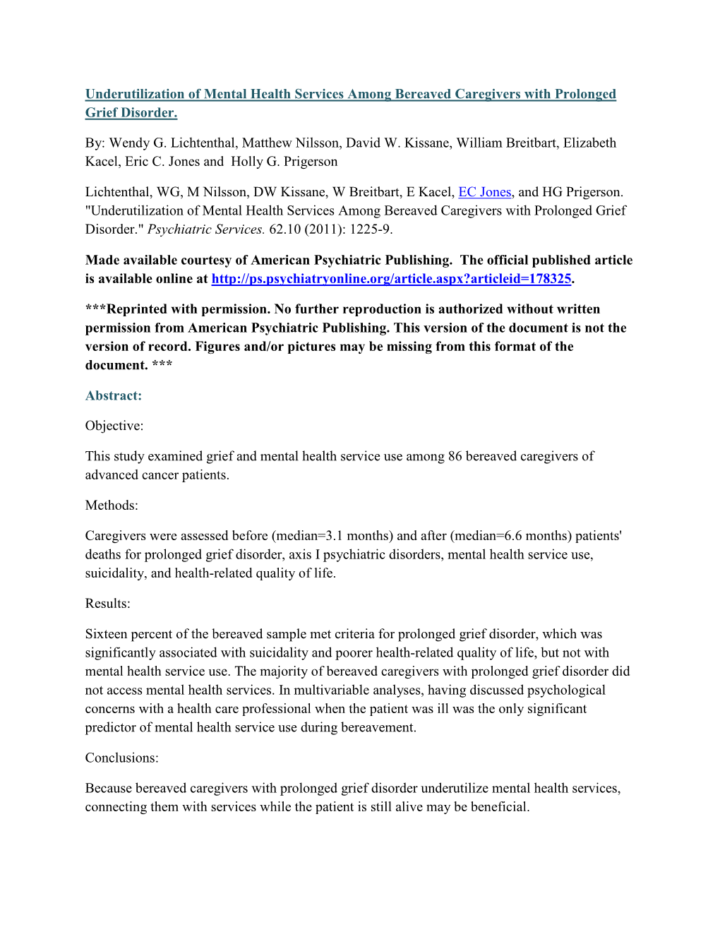 Underutilization of Mental Health Services Among Bereaved Caregivers with Prolonged Grief Disorder