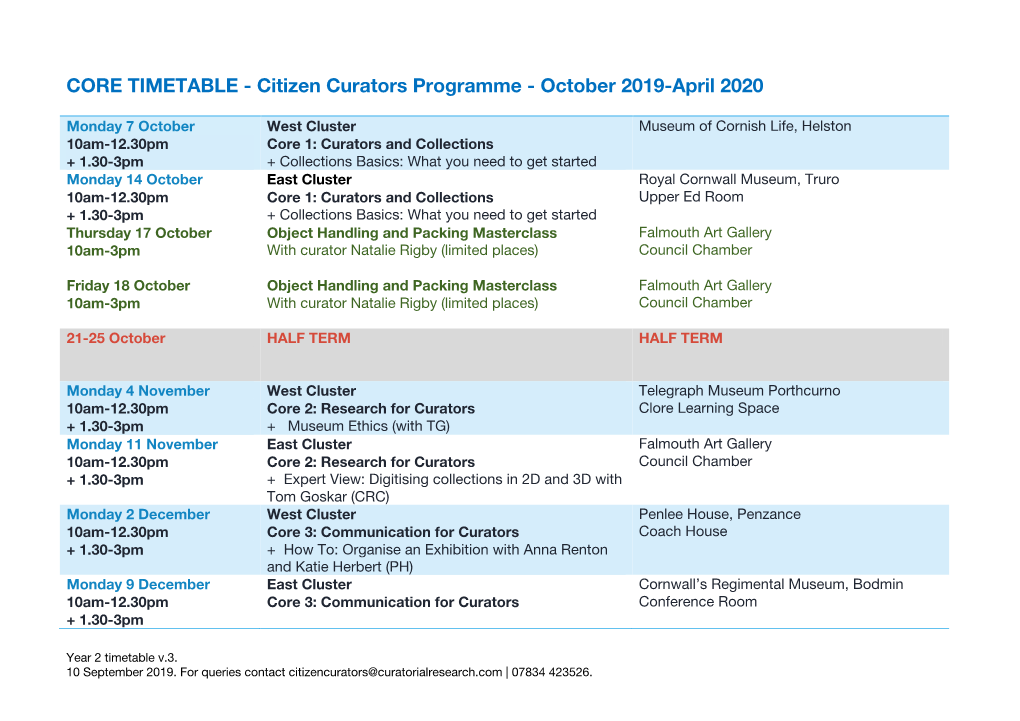 Final Citizen Curators Core Timetable 2019-20