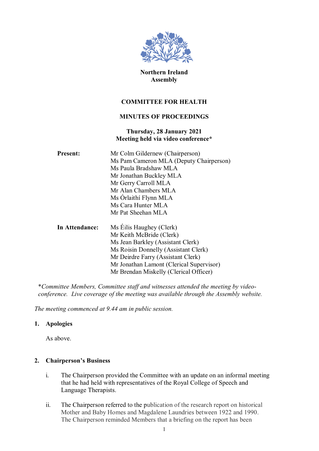 Committee for Health Meeting Minutes of Proceedings 28 January 2021