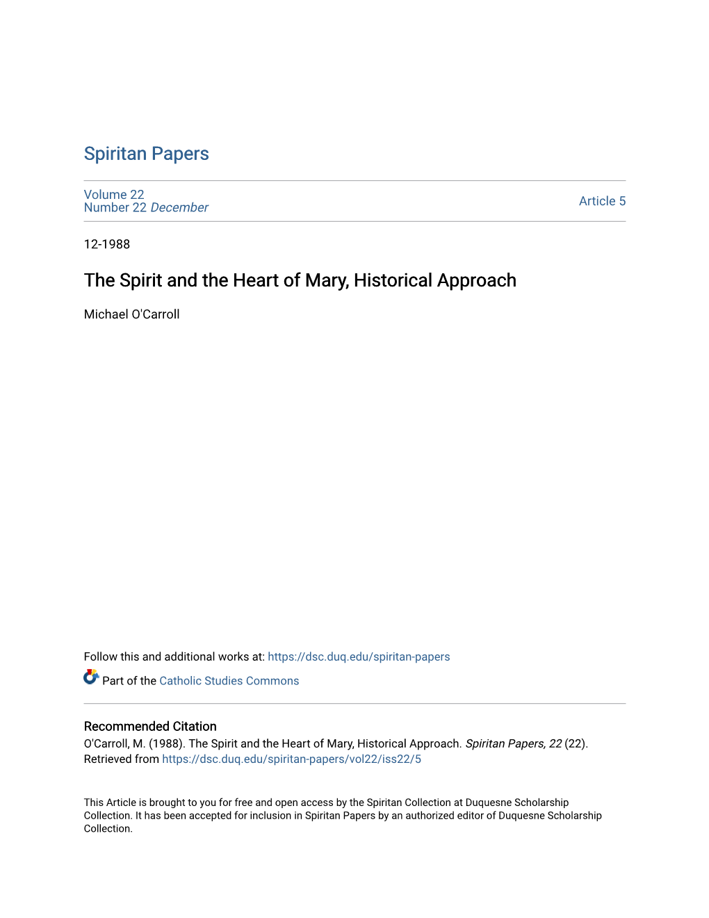 The Spirit and the Heart of Mary, Historical Approach