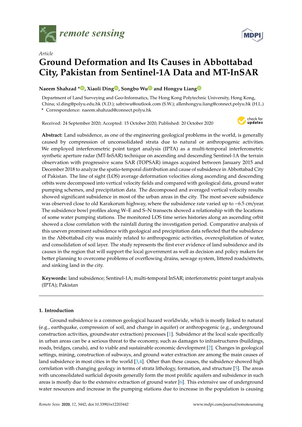 Ground Deformation and Its Causes in Abbottabad City, Pakistan from Sentinel-1A Data and MT-Insar