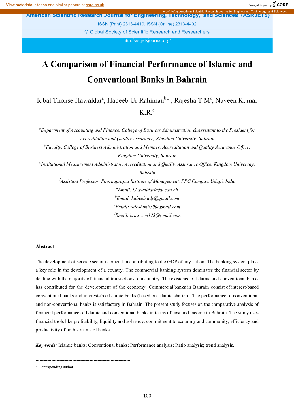 A Comparison of Financial Performance of Islamic and Conventional Banks in Bahrain
