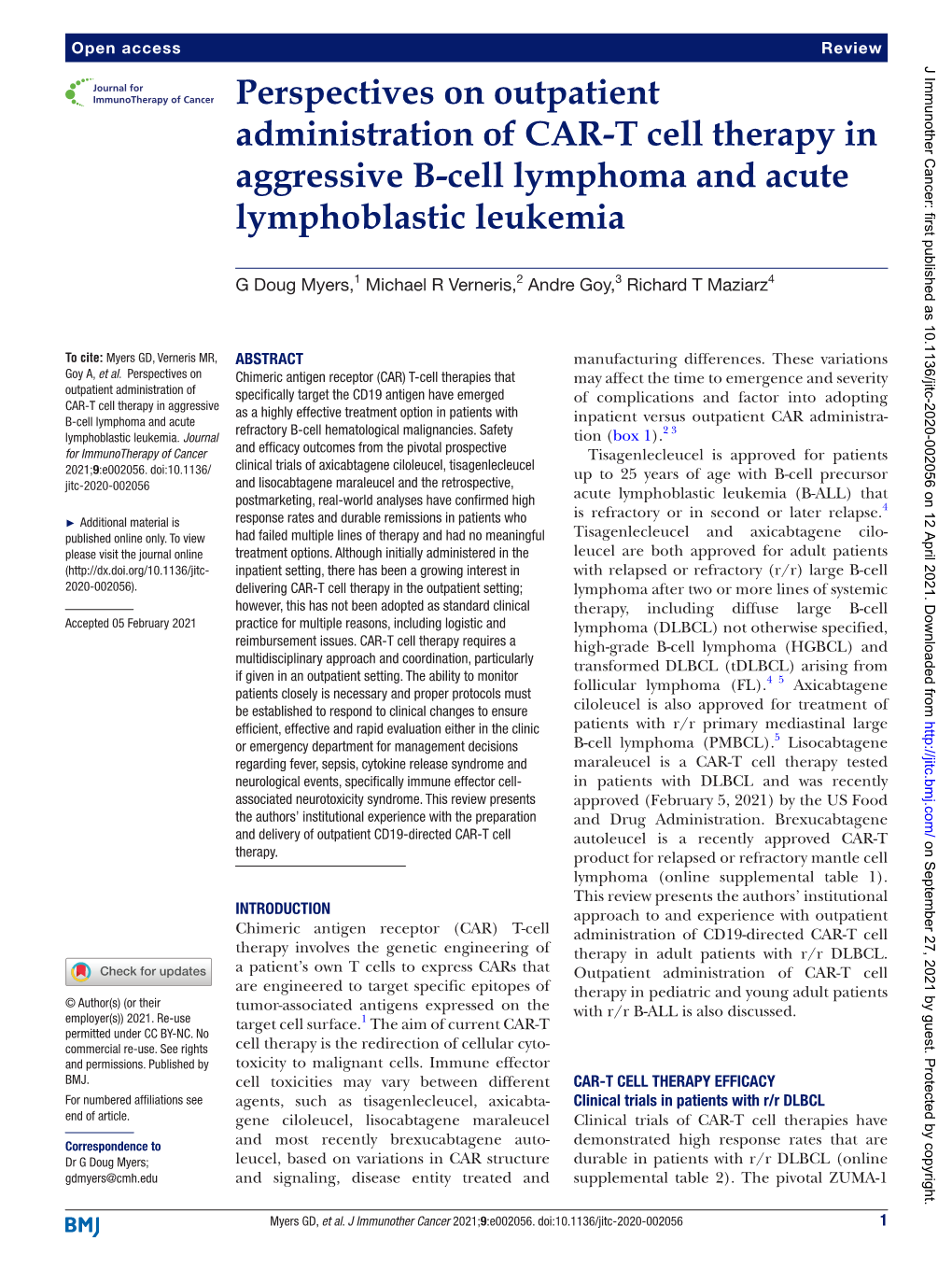 Perspectives on Outpatient Administration of CAR-T Cell