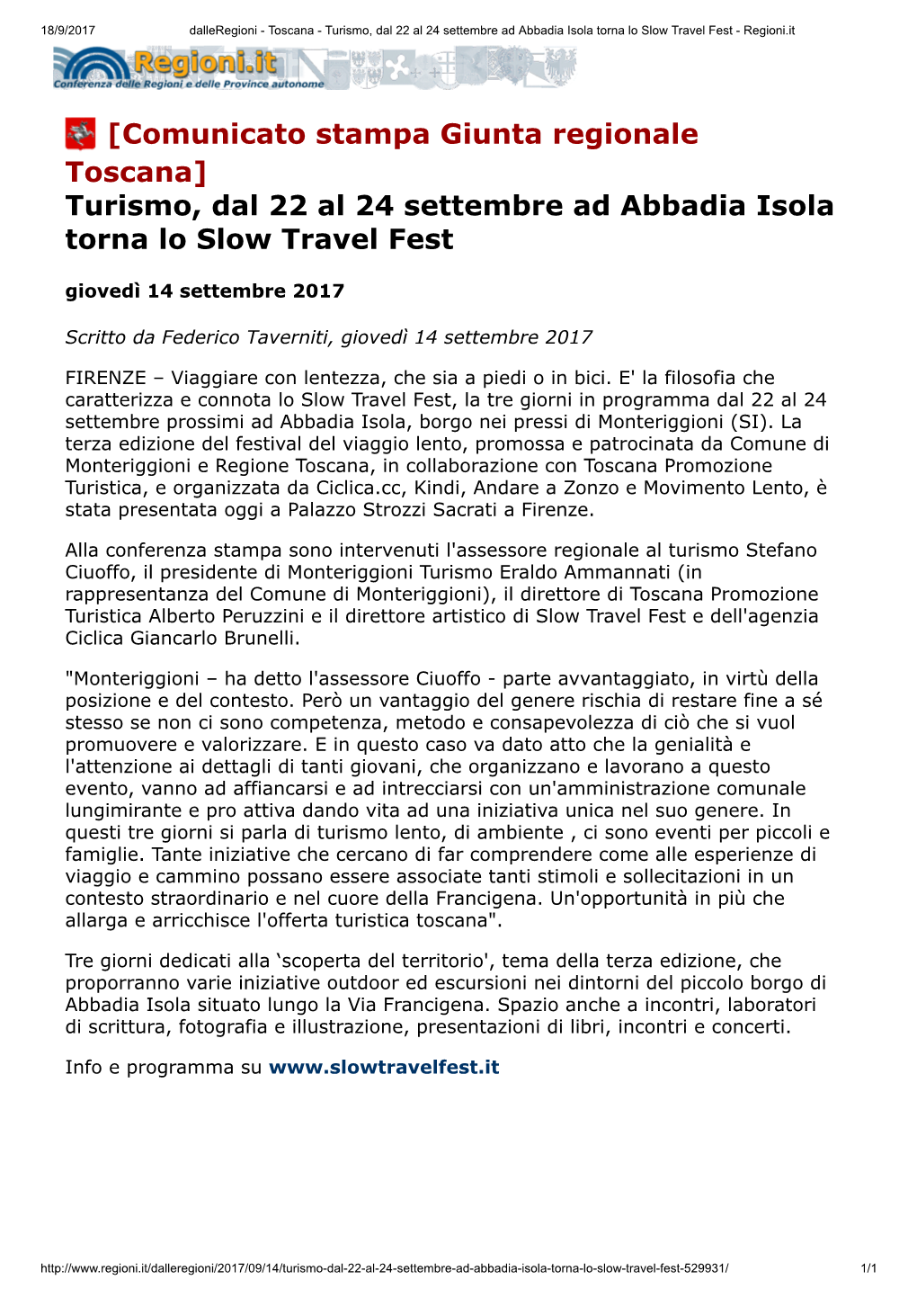 Turismo, Dal 22 Al 24 Settembre Ad Abbadia Isola Torna Lo Slow Travel Fest - Regioni.It