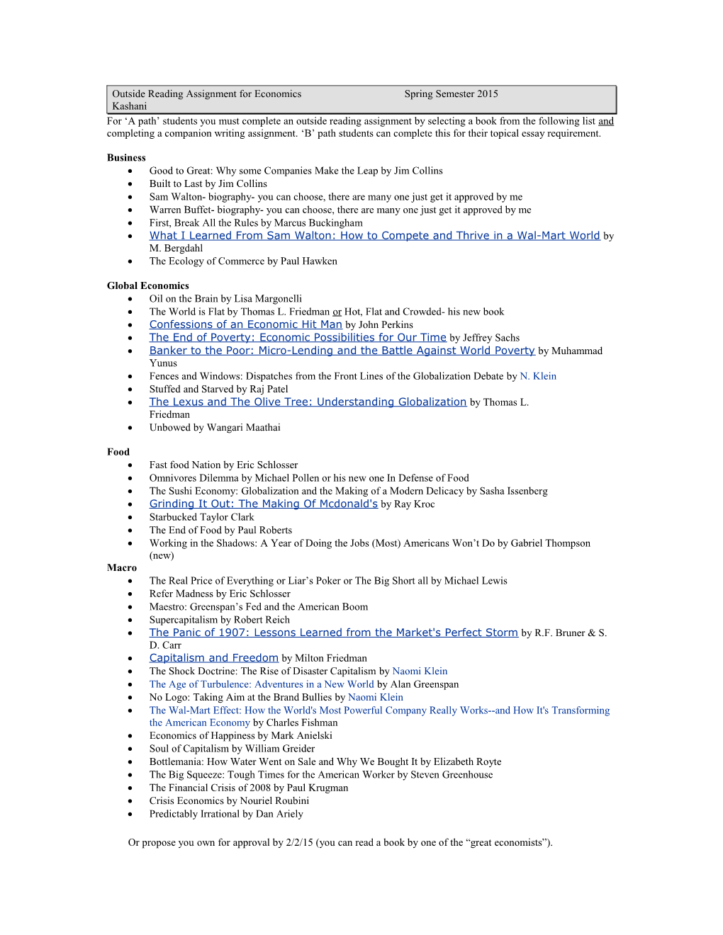 Outside Reading Assignment for Economics Fall Semester 2007