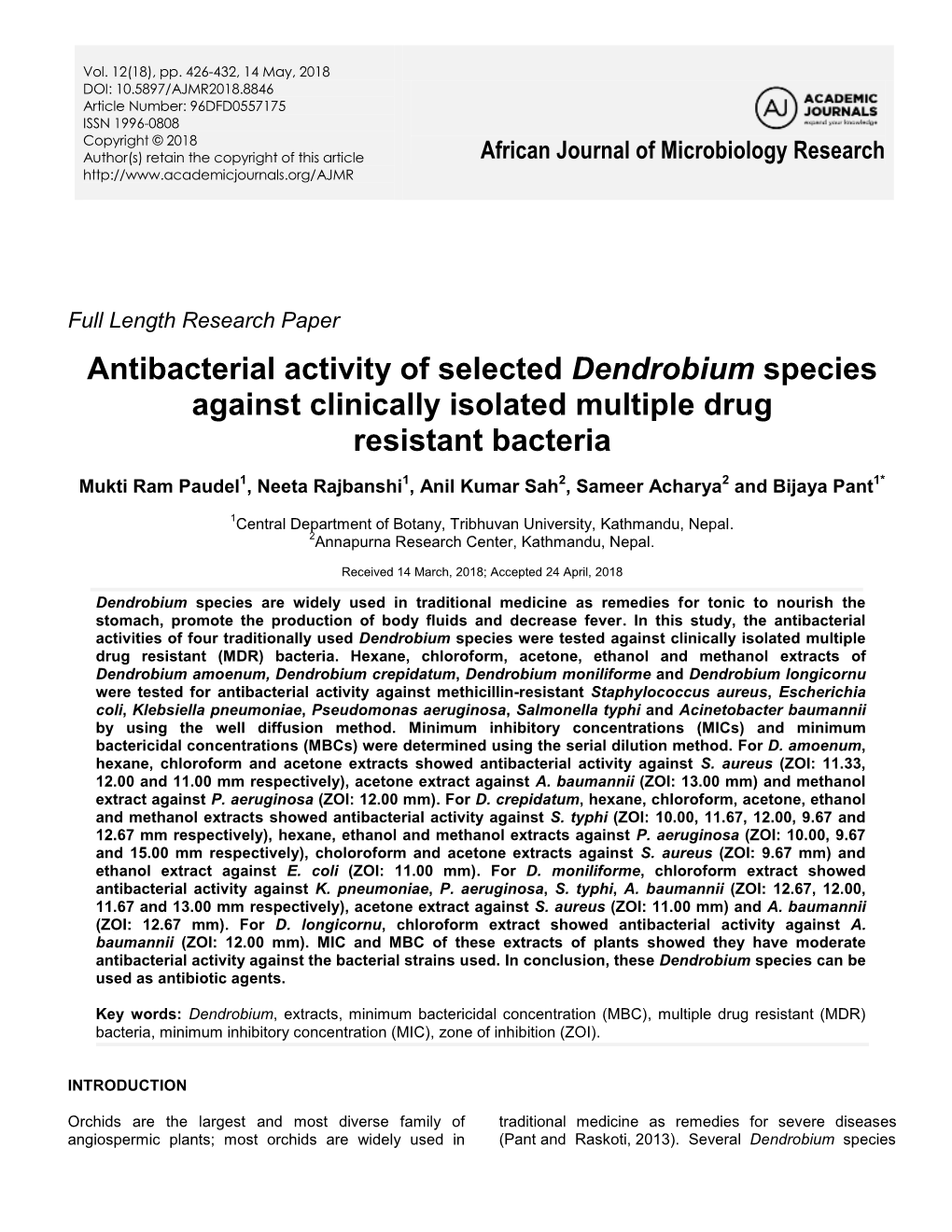Antibacterial Activity of Selected Dendrobium Species Against Clinically Isolated Multiple Drug Resistant Bacteria