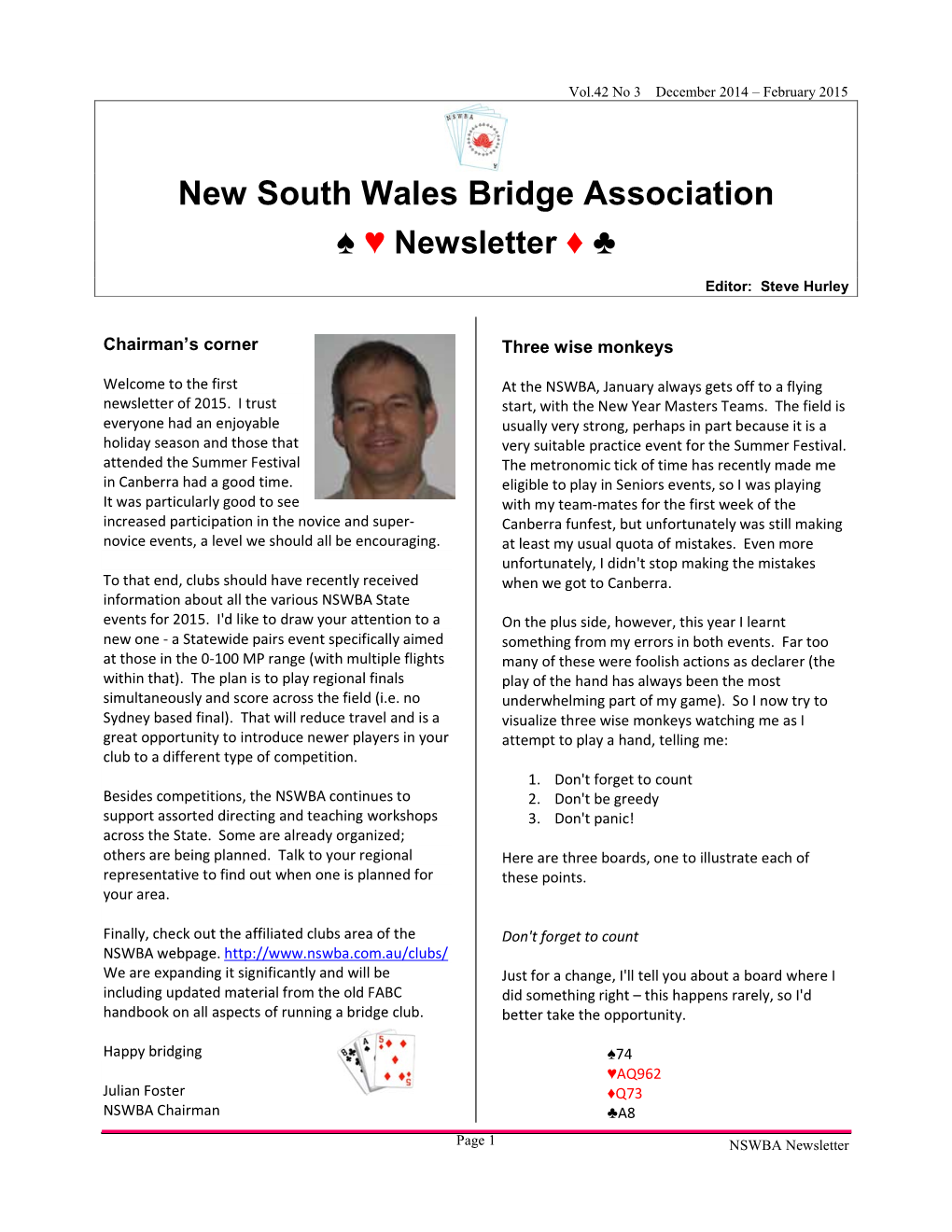 New South Wales Bridge Association ♠ ♥ Newsletter ♦ ♣