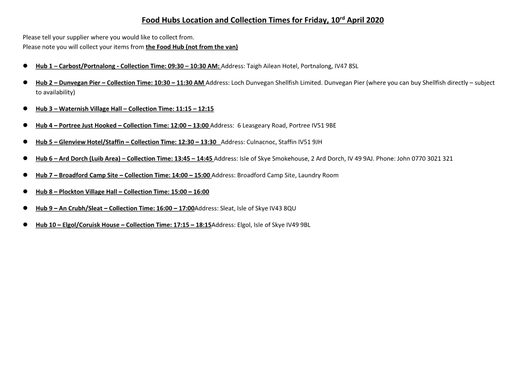 Food Hubs Location and Collection Times for Friday, 10 Rd April 2020