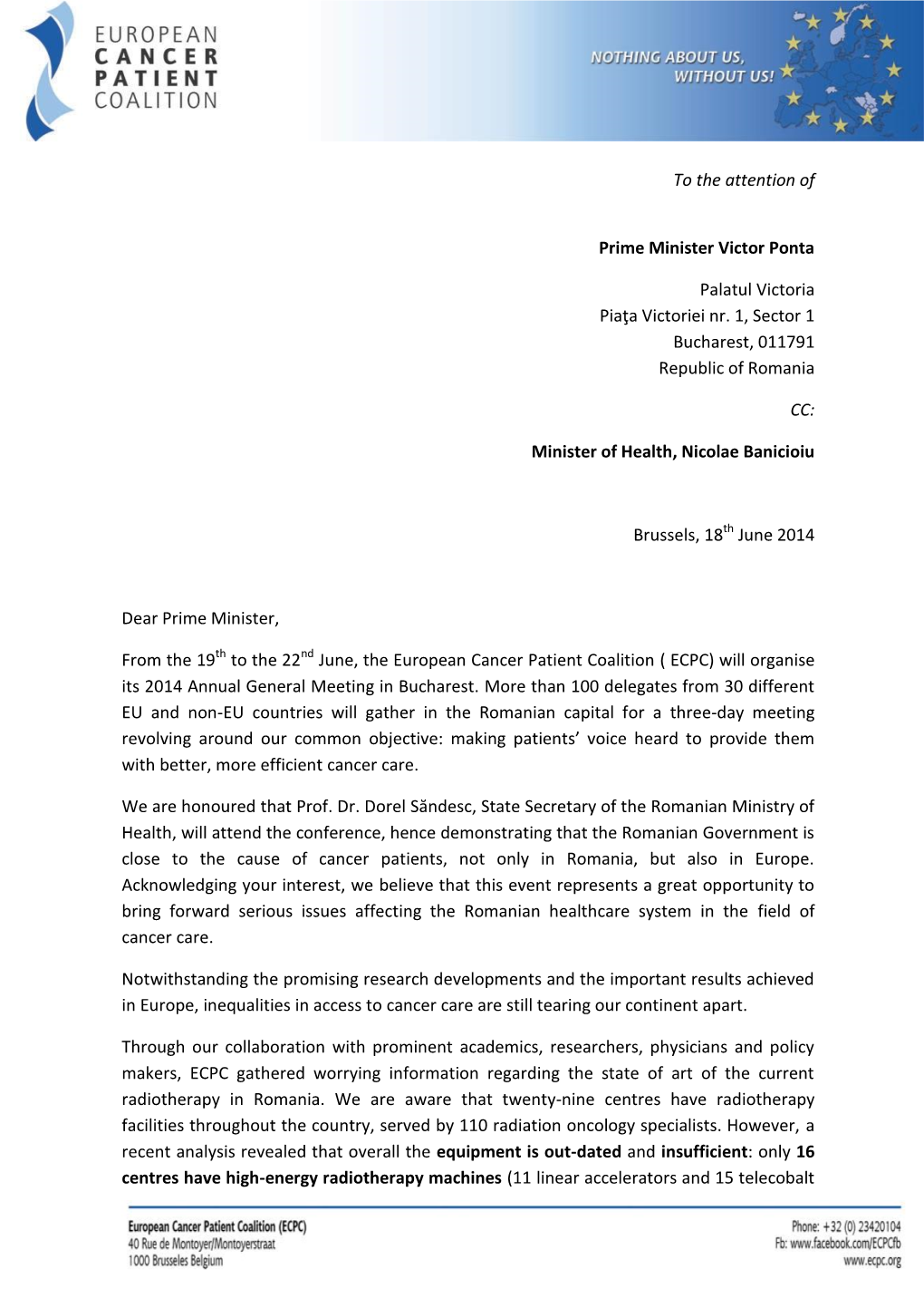 Letter to the Romanian Prime Minister