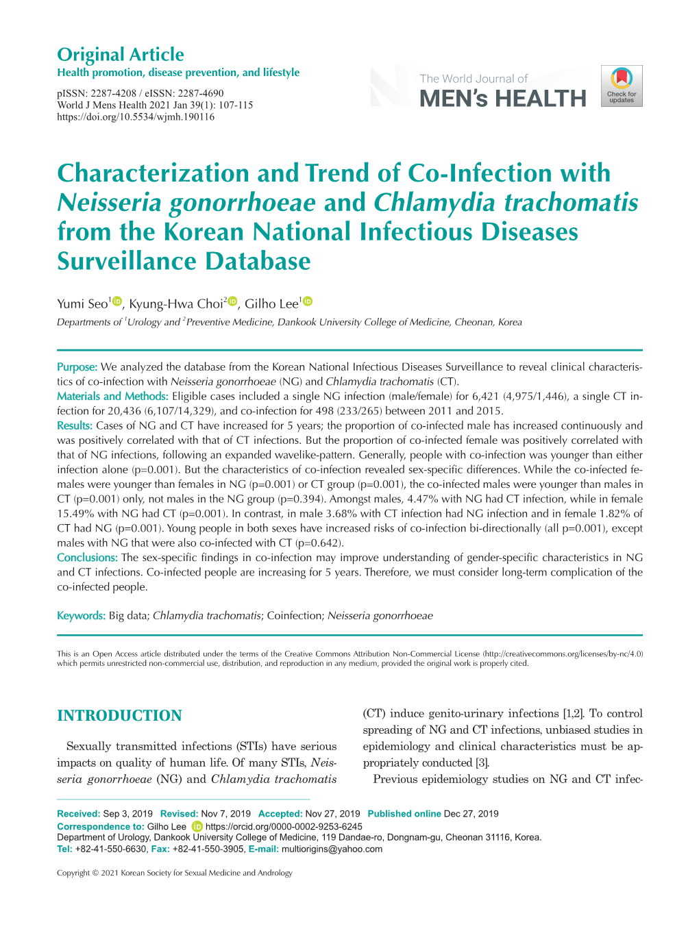 Characterization and Trend of Co-Infection with Neisseria Gonorrhoeae and Chlamydia Trachomatis from the Korean National Infectious Diseases Surveillance Database