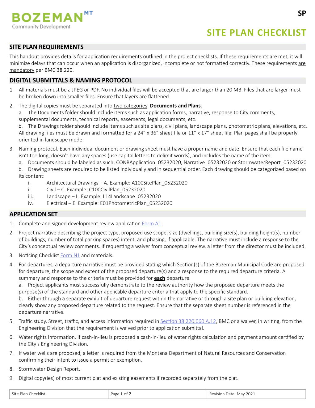 SITE PLAN CHECKLIST SITE PLAN REQUIREMENTS This Handout Provides Details for Application Requirements Outlined in the Project Checklists