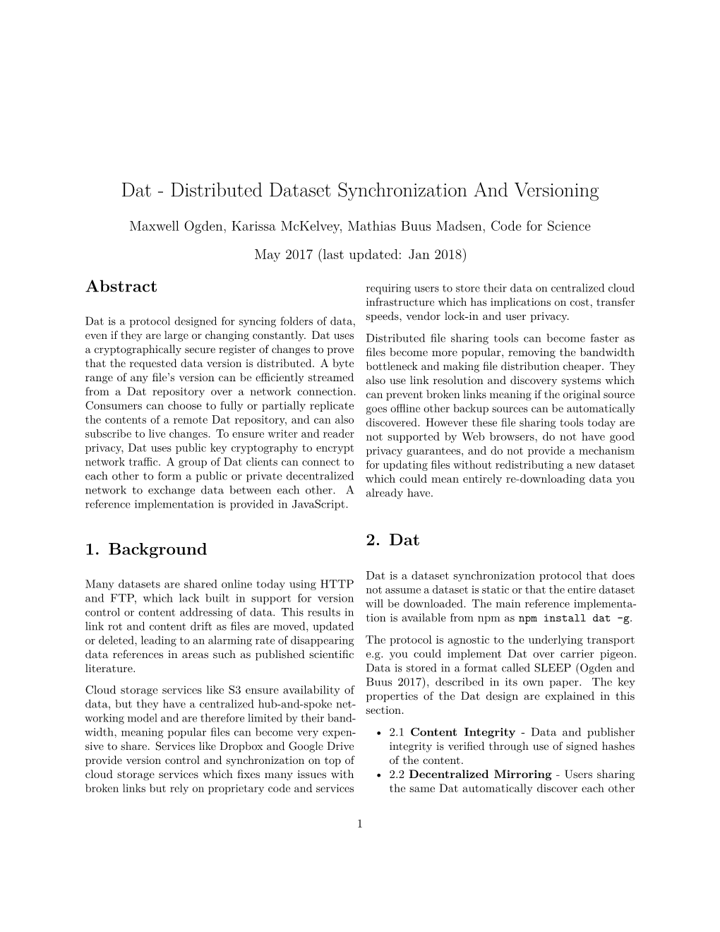 Dat - Distributed Dataset Synchronization and Versioning