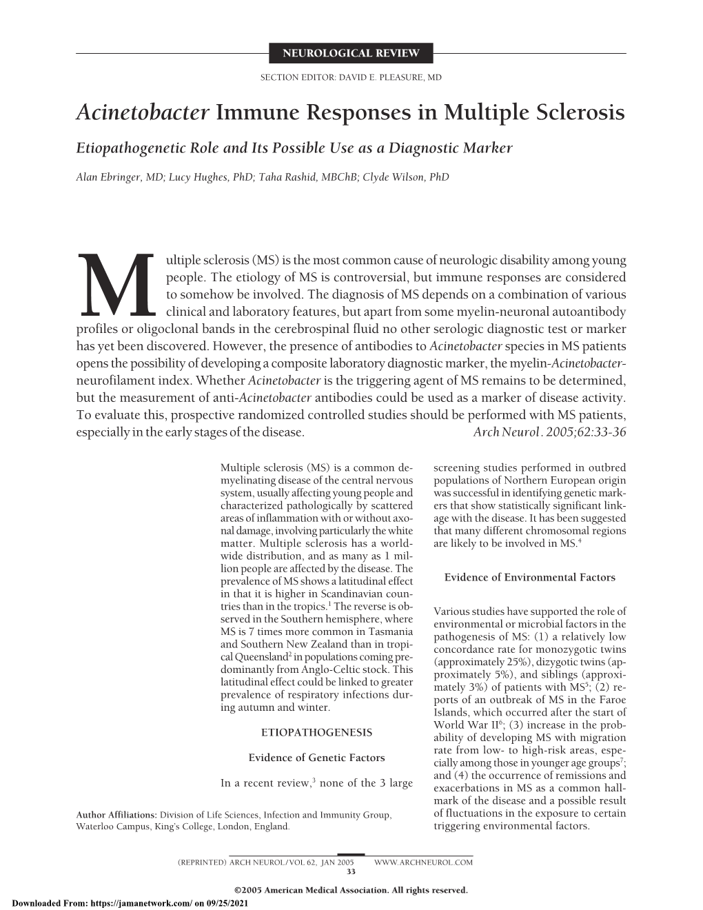 Acinetobacter Immune Responses in Multiple Sclerosis Etiopathogenetic Role and Its Possible Use As a Diagnostic Marker