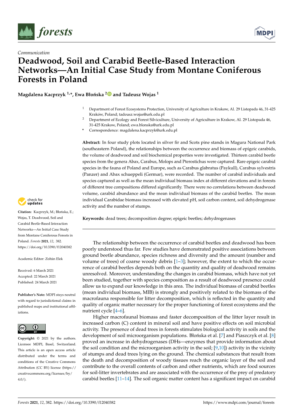 Deadwood, Soil and Carabid Beetle-Based Interaction Networks—An Initial Case Study from Montane Coniferous Forests in Poland