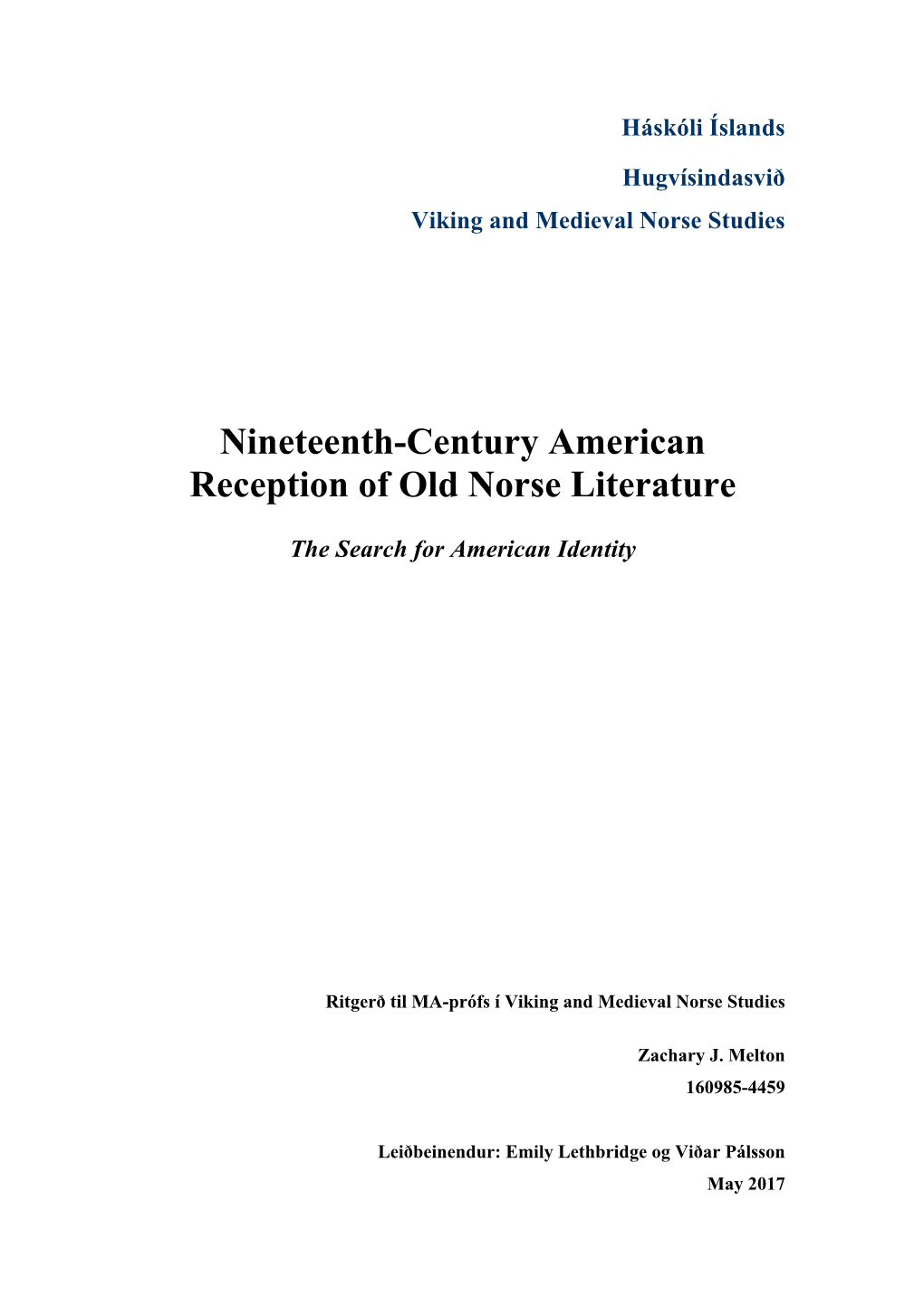 Nineteenth-Century American Reception of Old Norse Literature