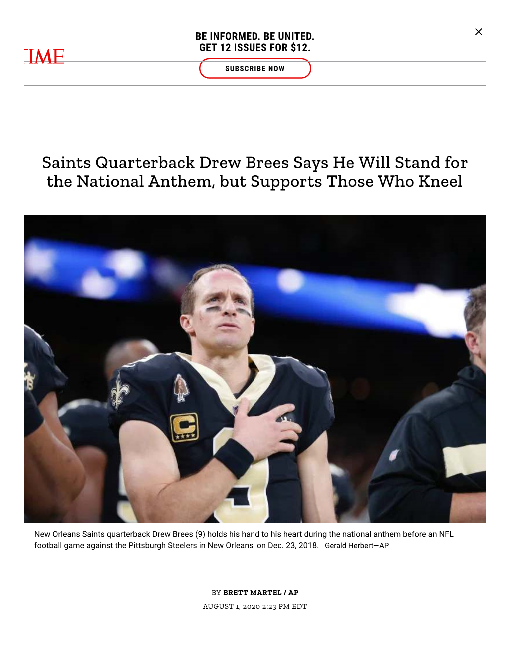 Saints Quarterback Drew Brees Says He Will Stand for the National Anthem, but Supports Those Who Kneel