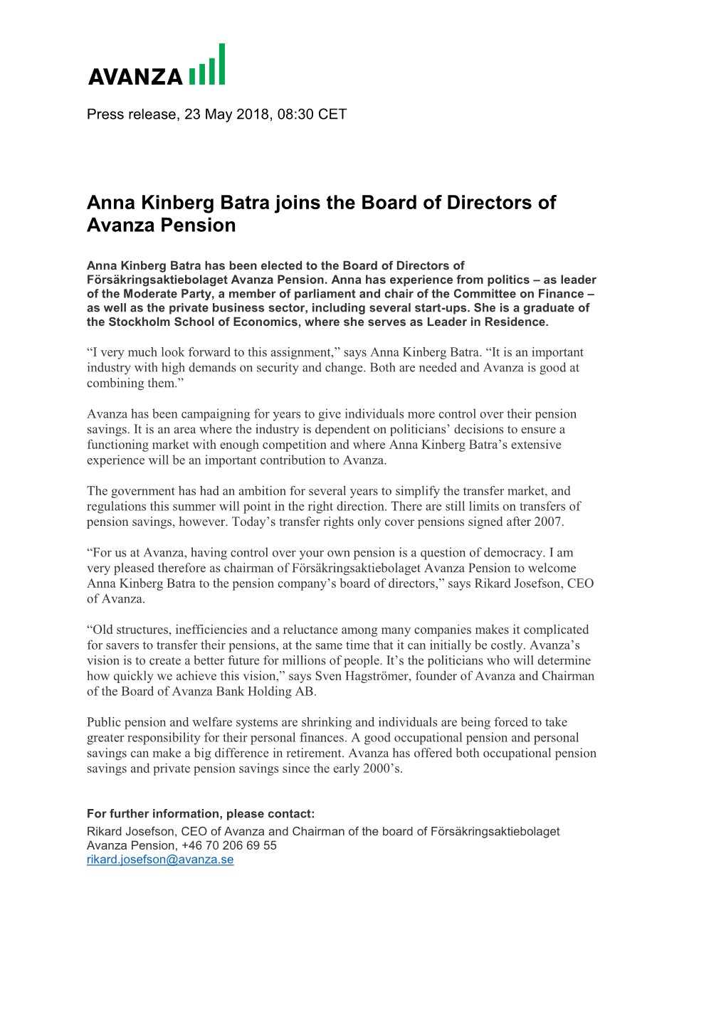 Anna Kinberg Batra Joins the Board of Directors of Avanza Pension