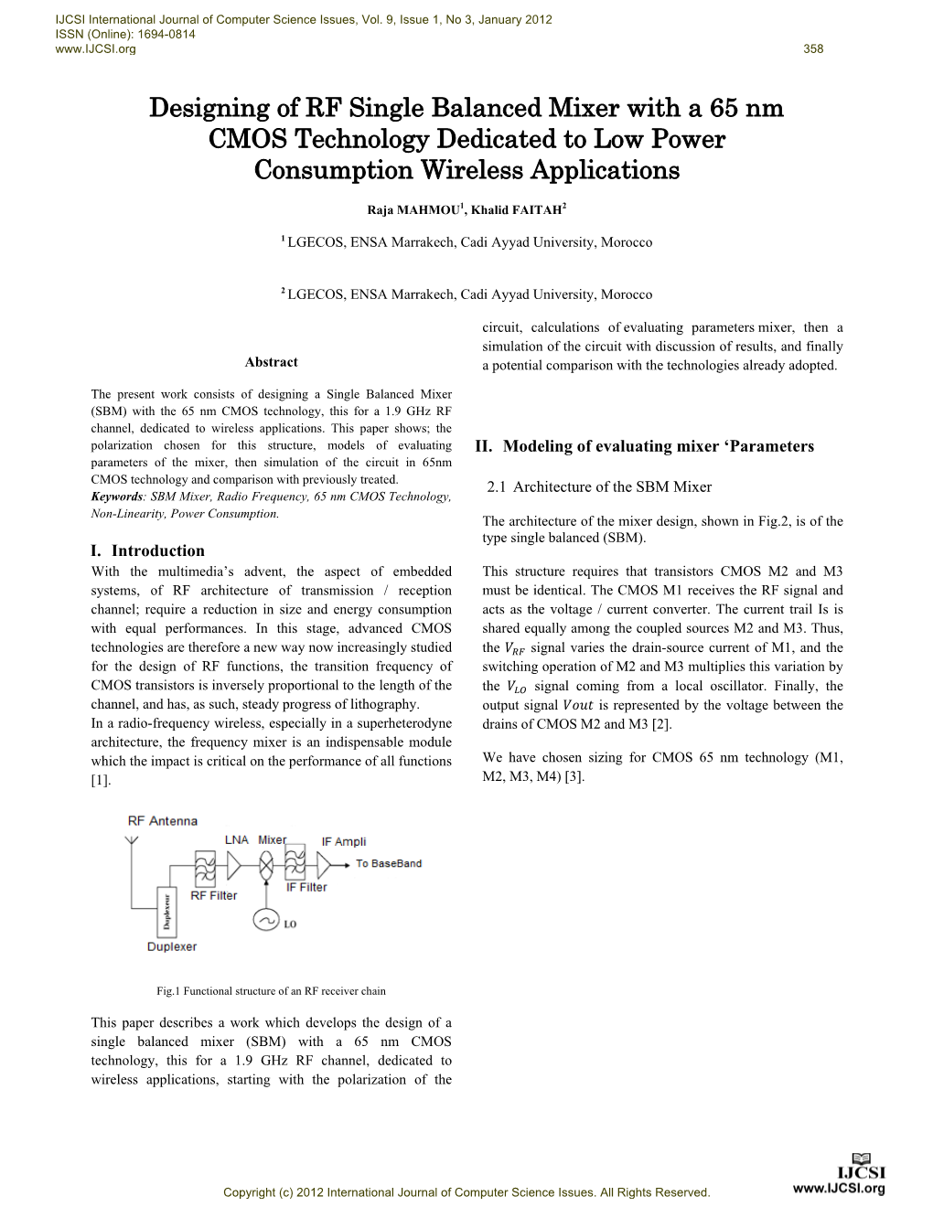 Designing of RF Single Balanced Mixer with a 65 Nm CMOS Technology Dedicated to Low Power Consumption Wireless Applications